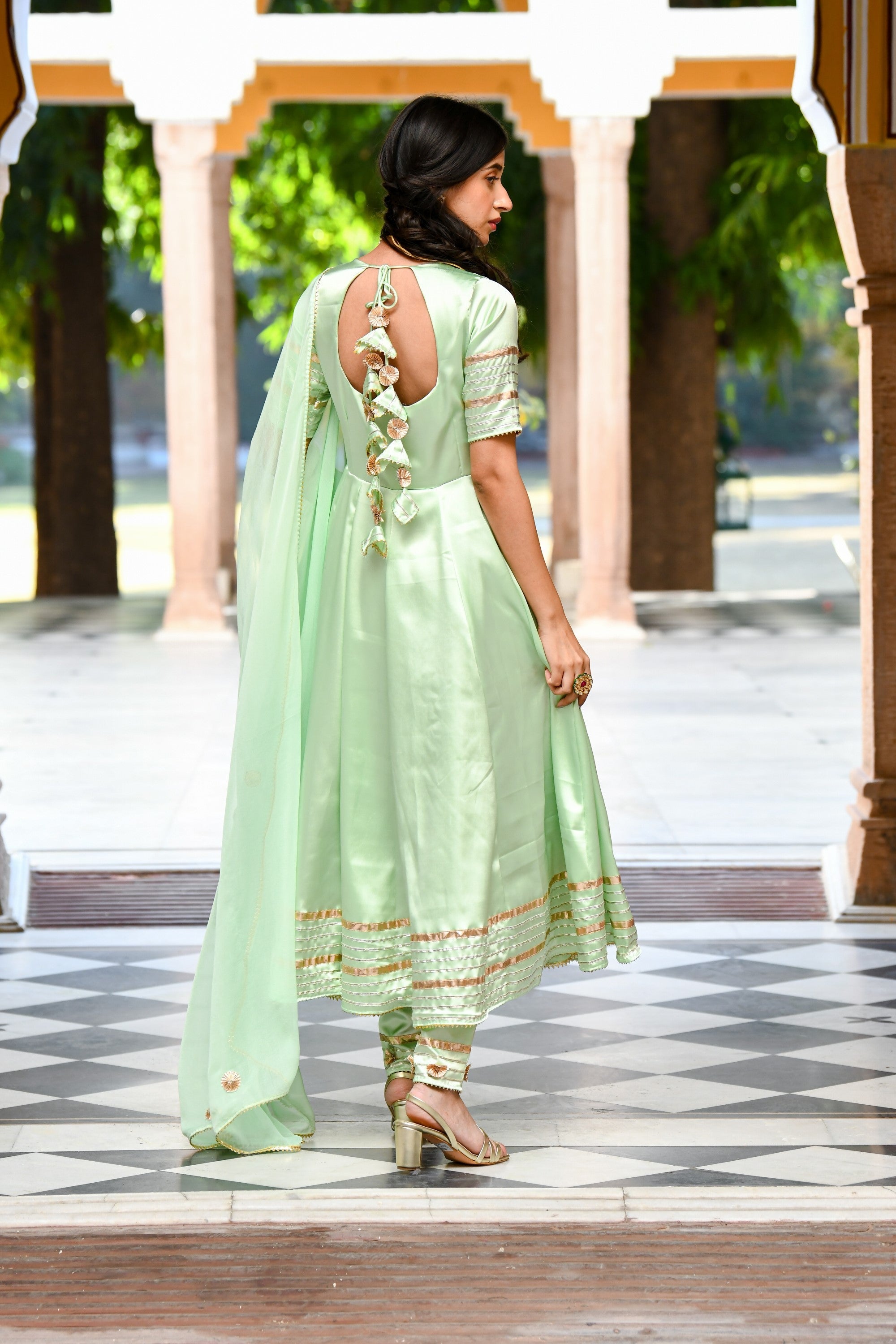 Pista Green Anarkali Suit Set- 3Pc Set - SUTI KAPDA