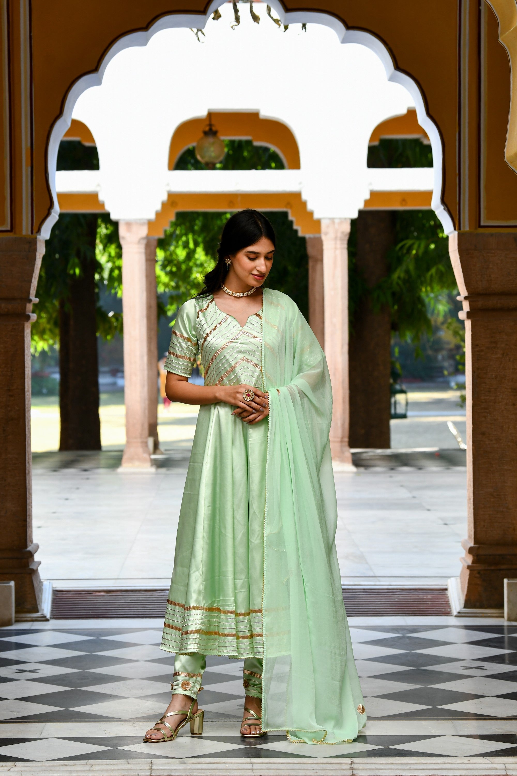 Pista Green Anarkali Suit Set- 3Pc Set - SUTI KAPDA