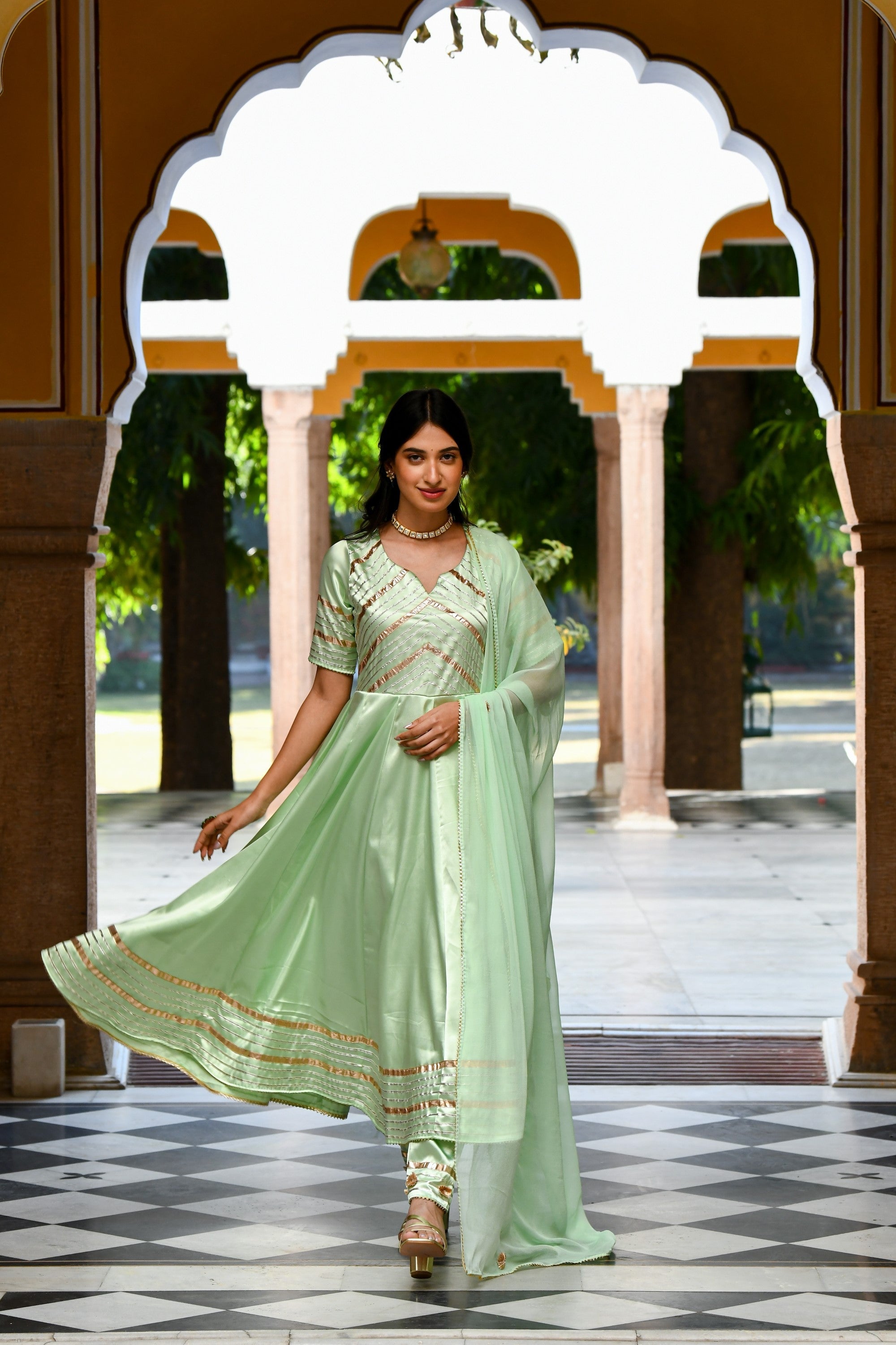 Pista Green Anarkali Suit Set- 3Pc Set - SUTI KAPDA