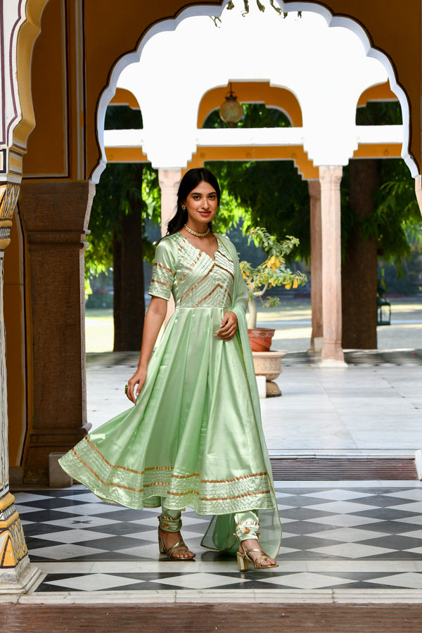 Pista Green Anarkali Suit Set- 3Pc Set - SUTI KAPDA