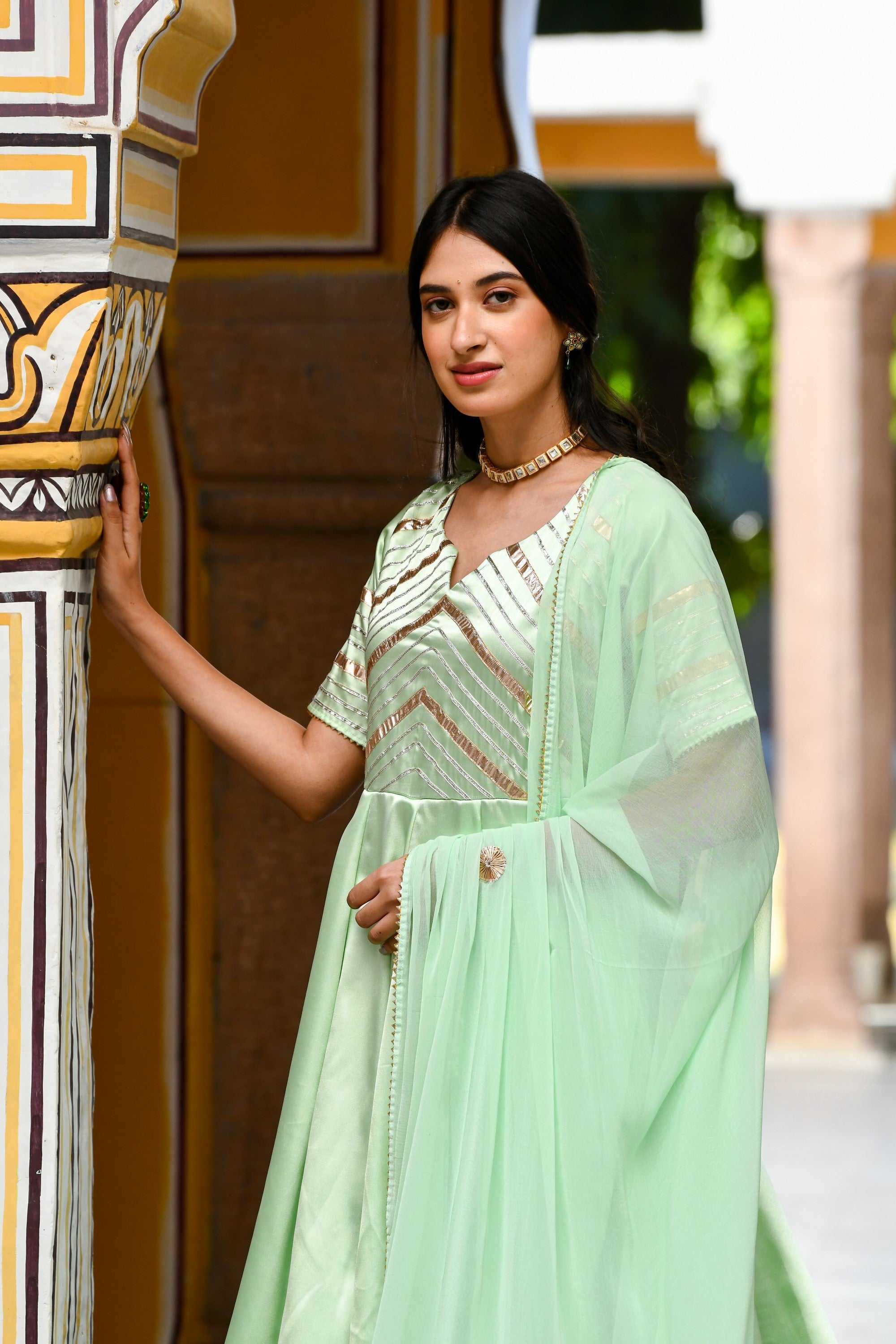 Pista Green Anarkali Suit Set- 3Pc Set - SUTI KAPDA