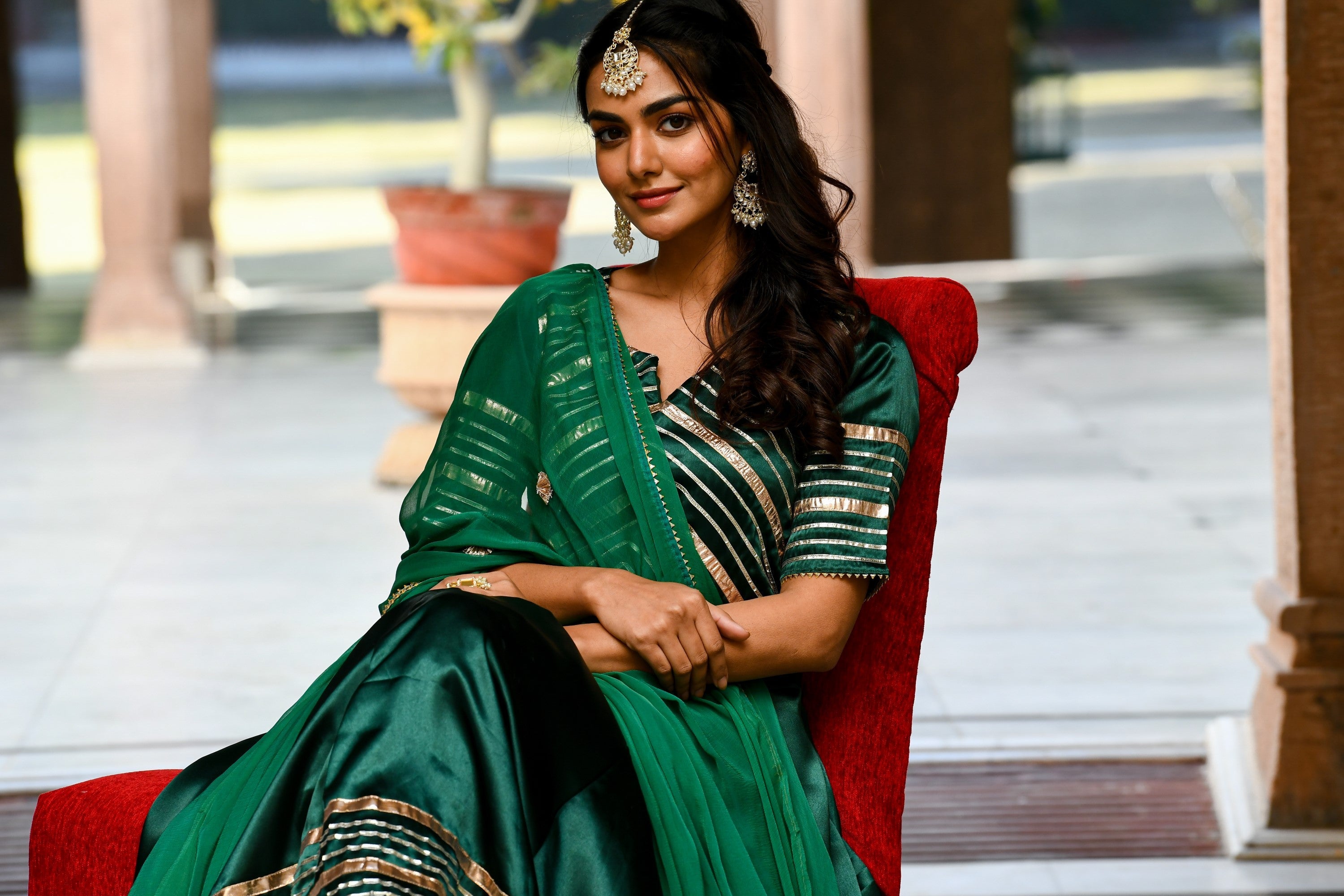 Bottle Green Satin Anarkali Suit- (3Pc Set) By SUTI KAPDA