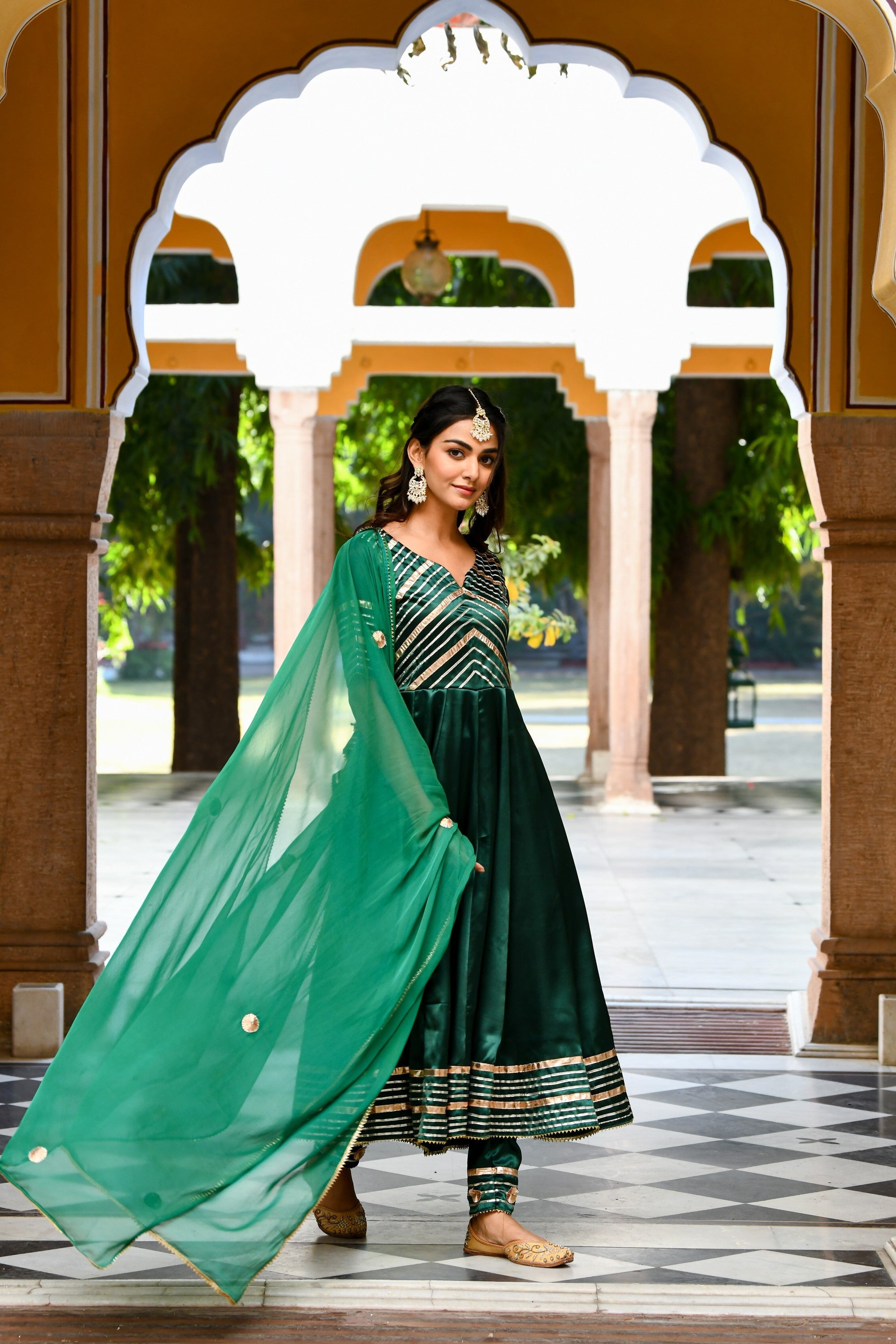 Bottle Green Satin Anarkali Suit- (3Pc Set) By SUTI KAPDA