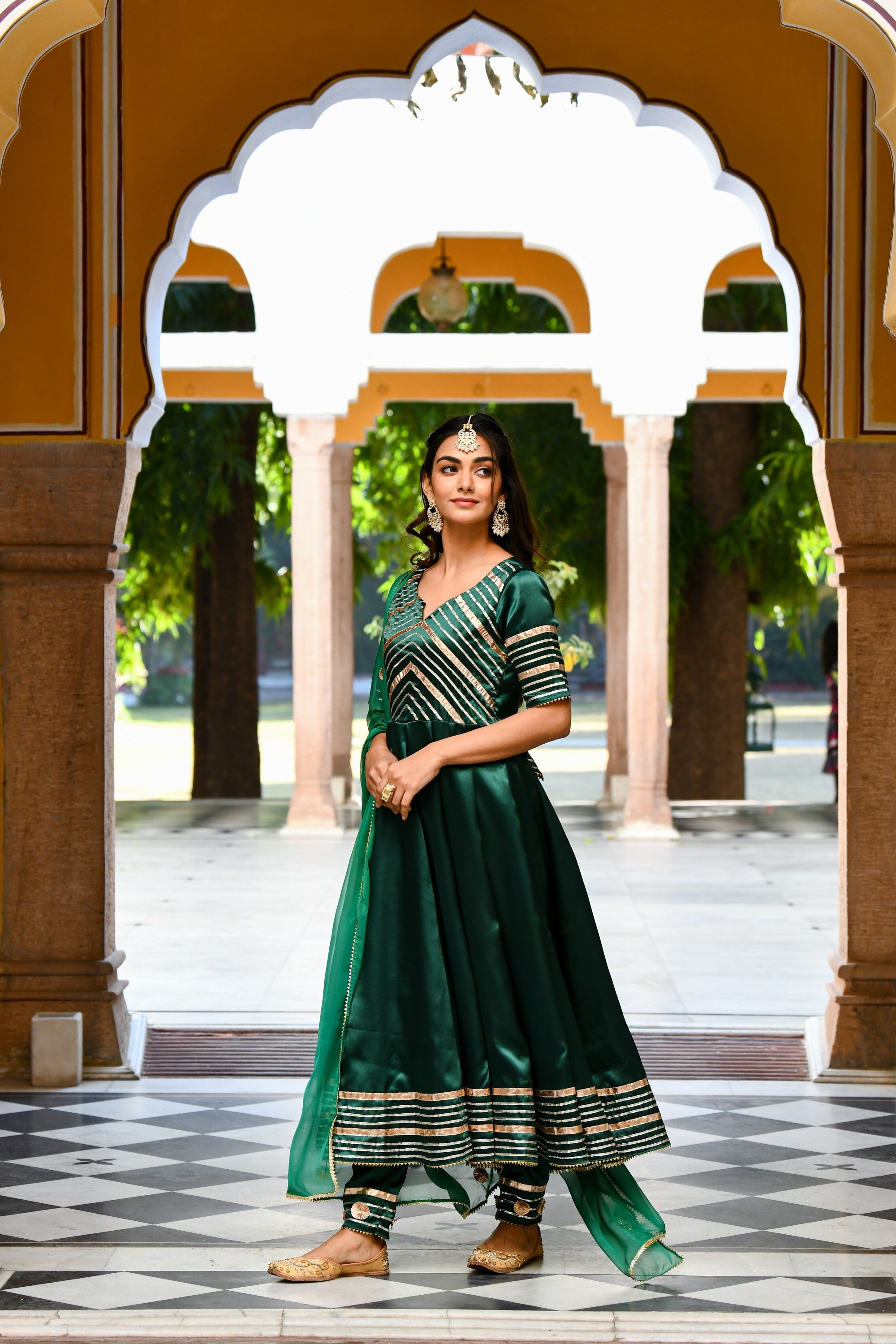 Bottle Green Satin Anarkali Suit- (3Pc Set) By SUTI KAPDA