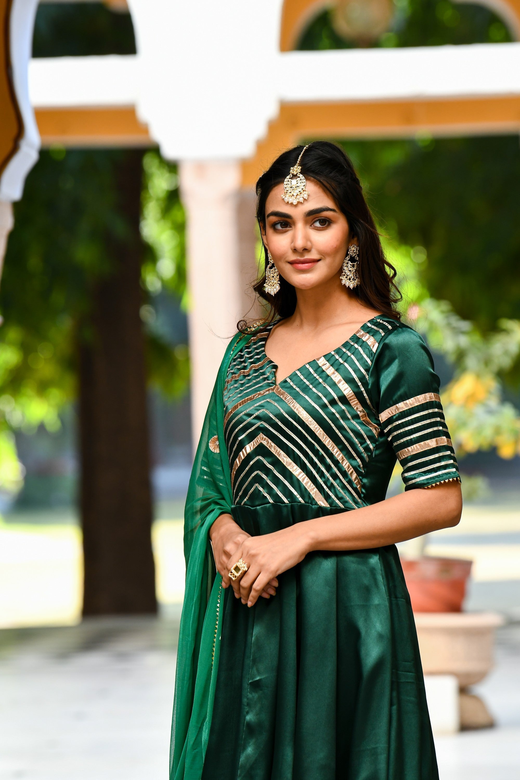 Bottle Green Satin Anarkali Suit- (3Pc Set) By SUTI KAPDA