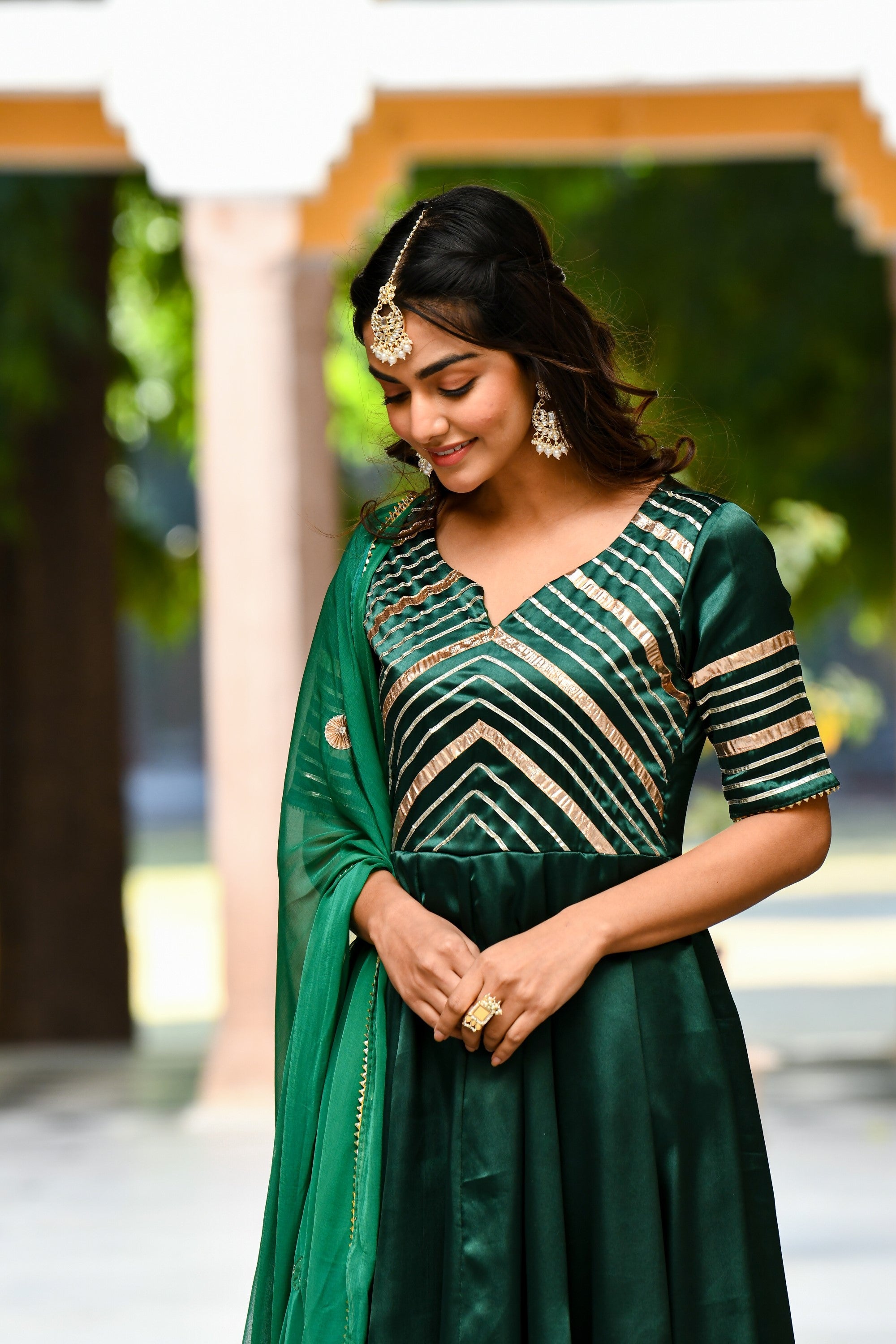 Bottle Green Satin Anarkali Suit- (3Pc Set) By SUTI KAPDA