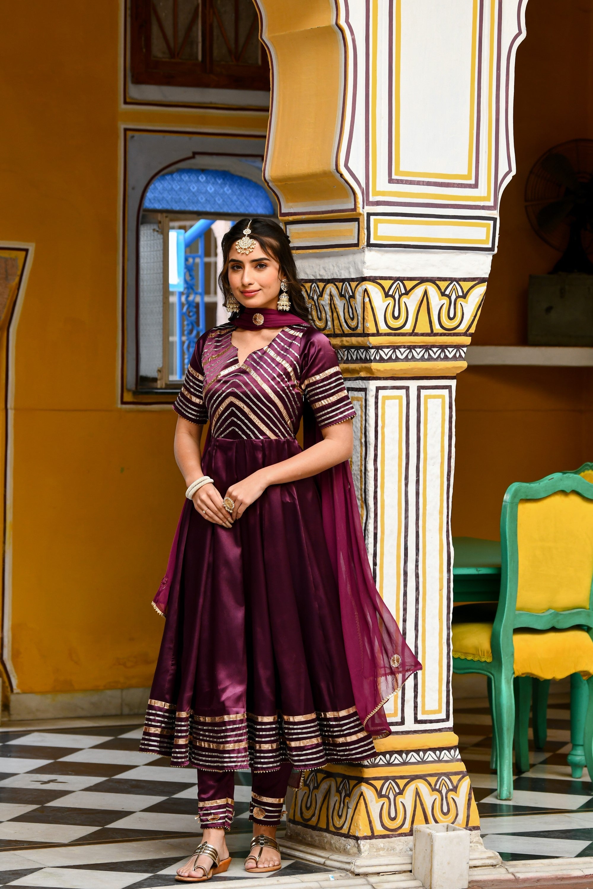 Dark Purple Satin Anarkali Suit- (3Pc Set) By SUTI KAPDA