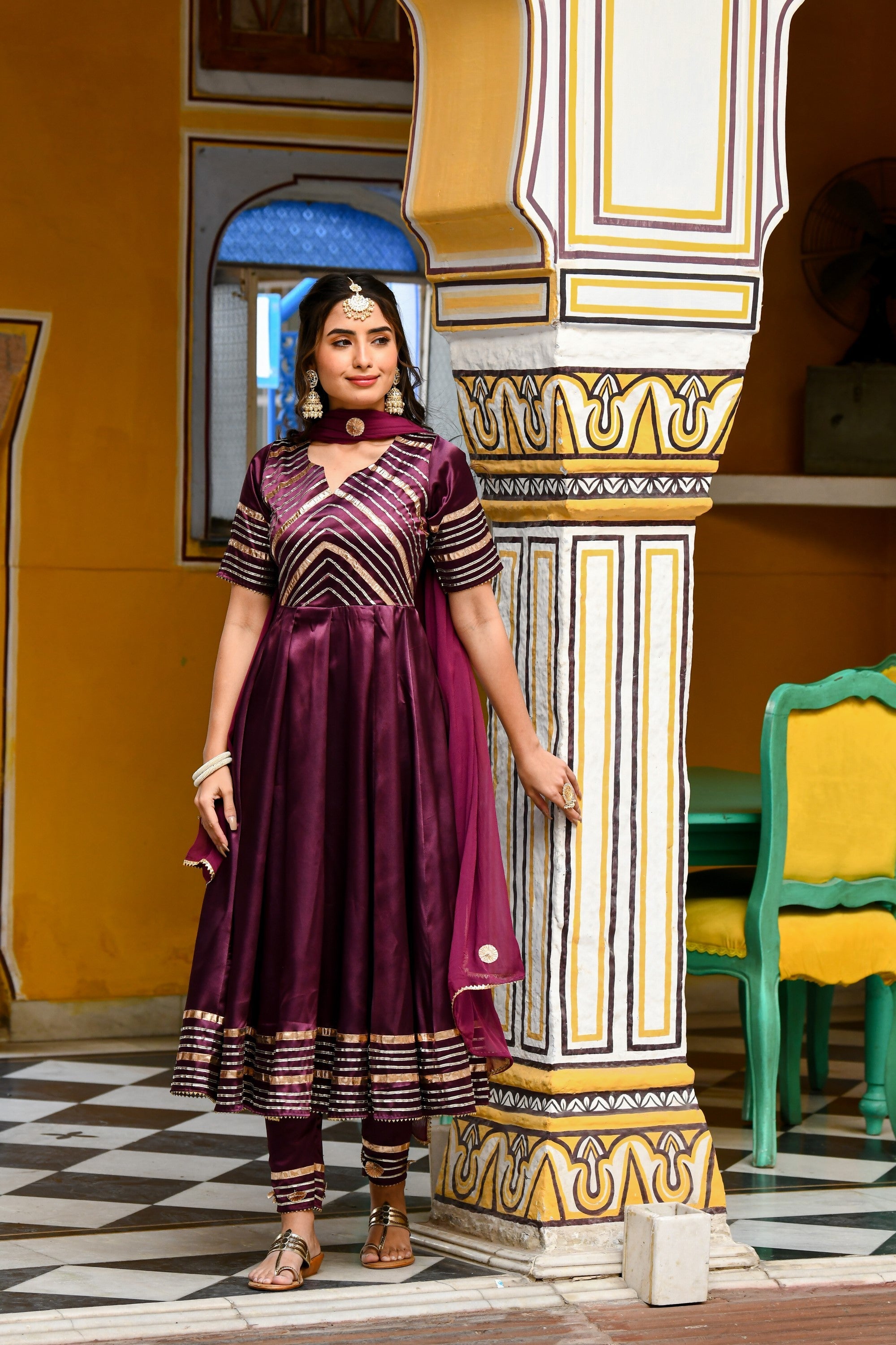 Dark Purple Satin Anarkali Suit- (3Pc Set) By SUTI KAPDA