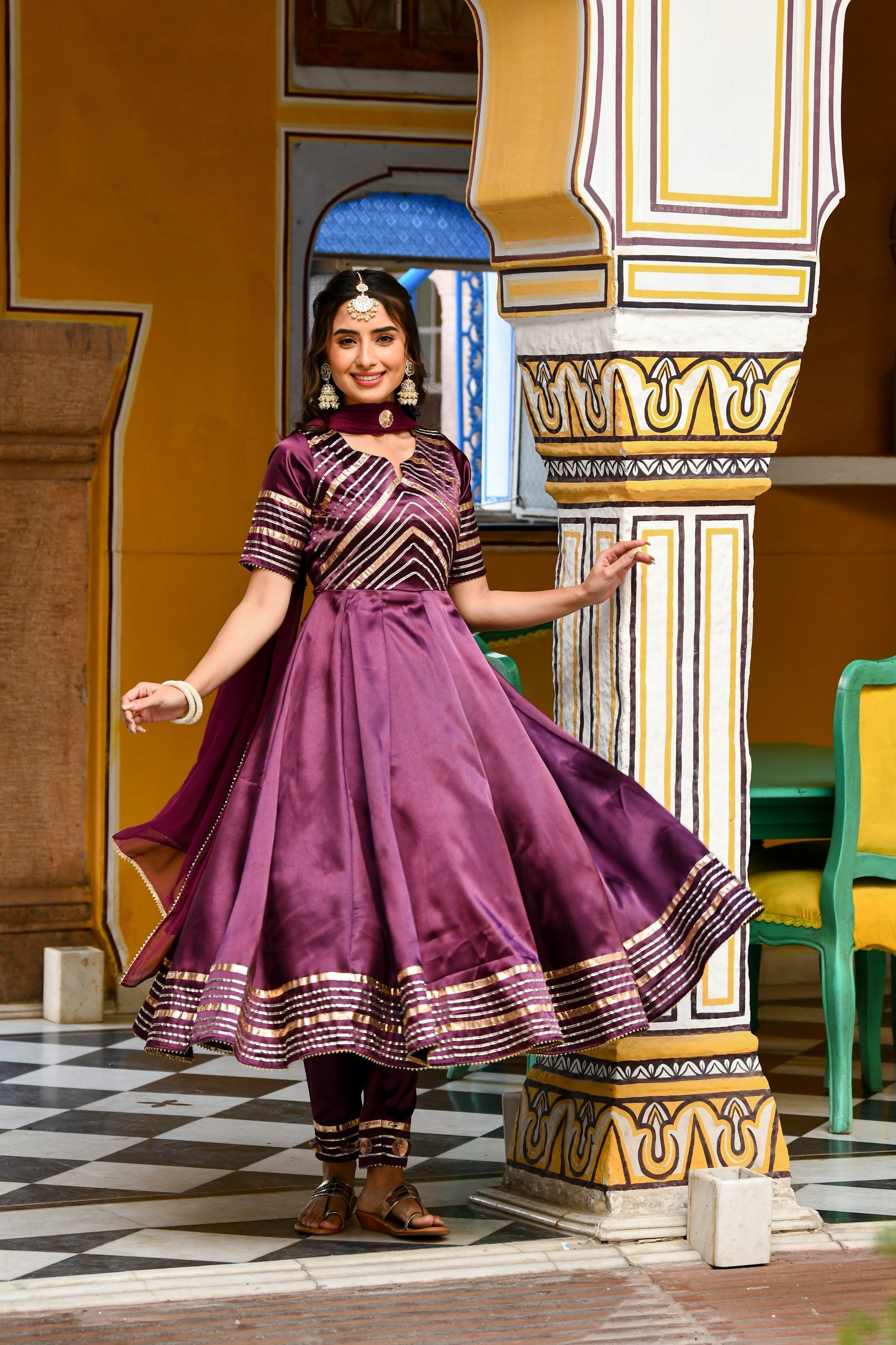 Dark Purple Satin Anarkali Suit- (3Pc Set) By SUTI KAPDA