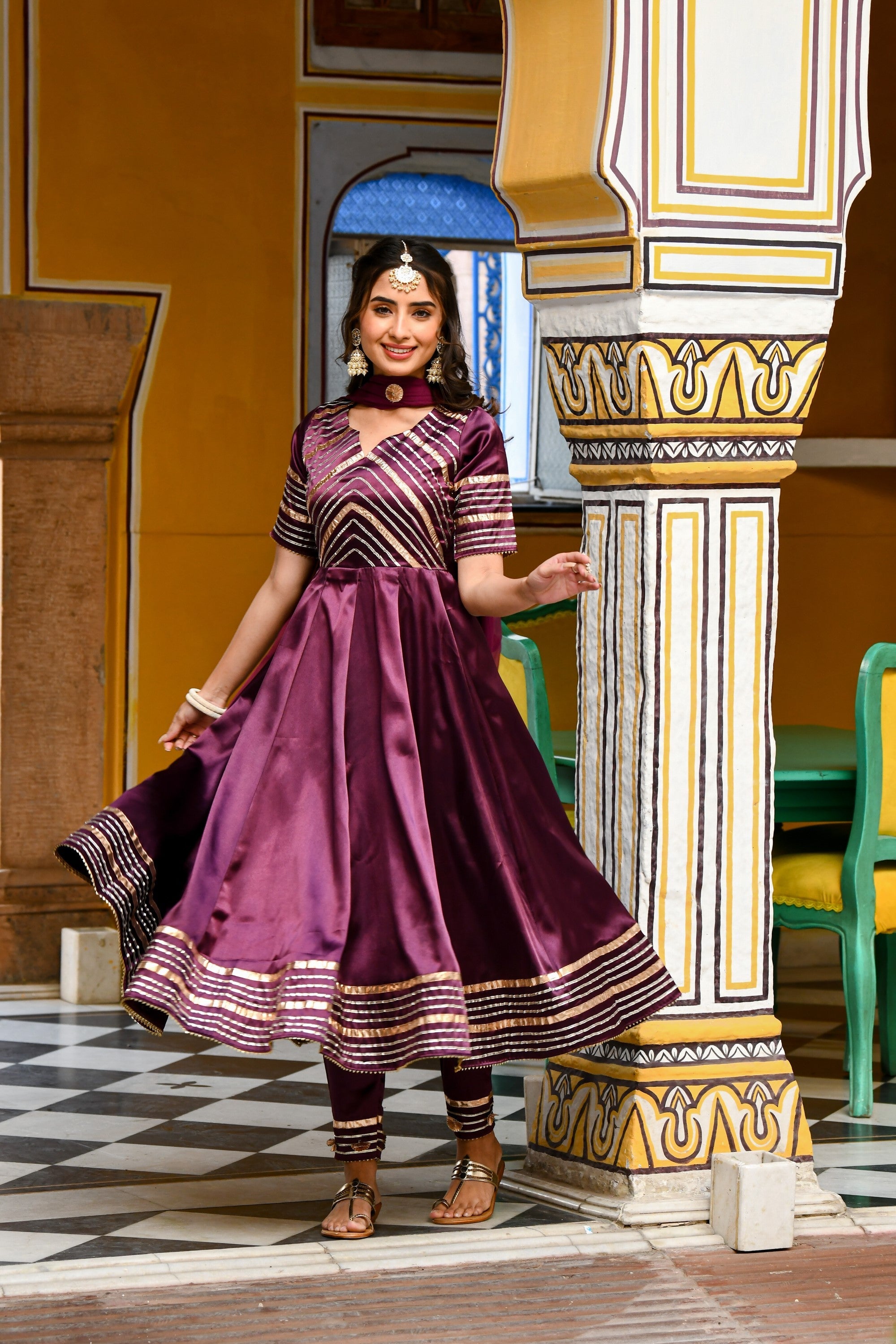 Dark Purple Satin Anarkali Suit- (3Pc Set) By SUTI KAPDA