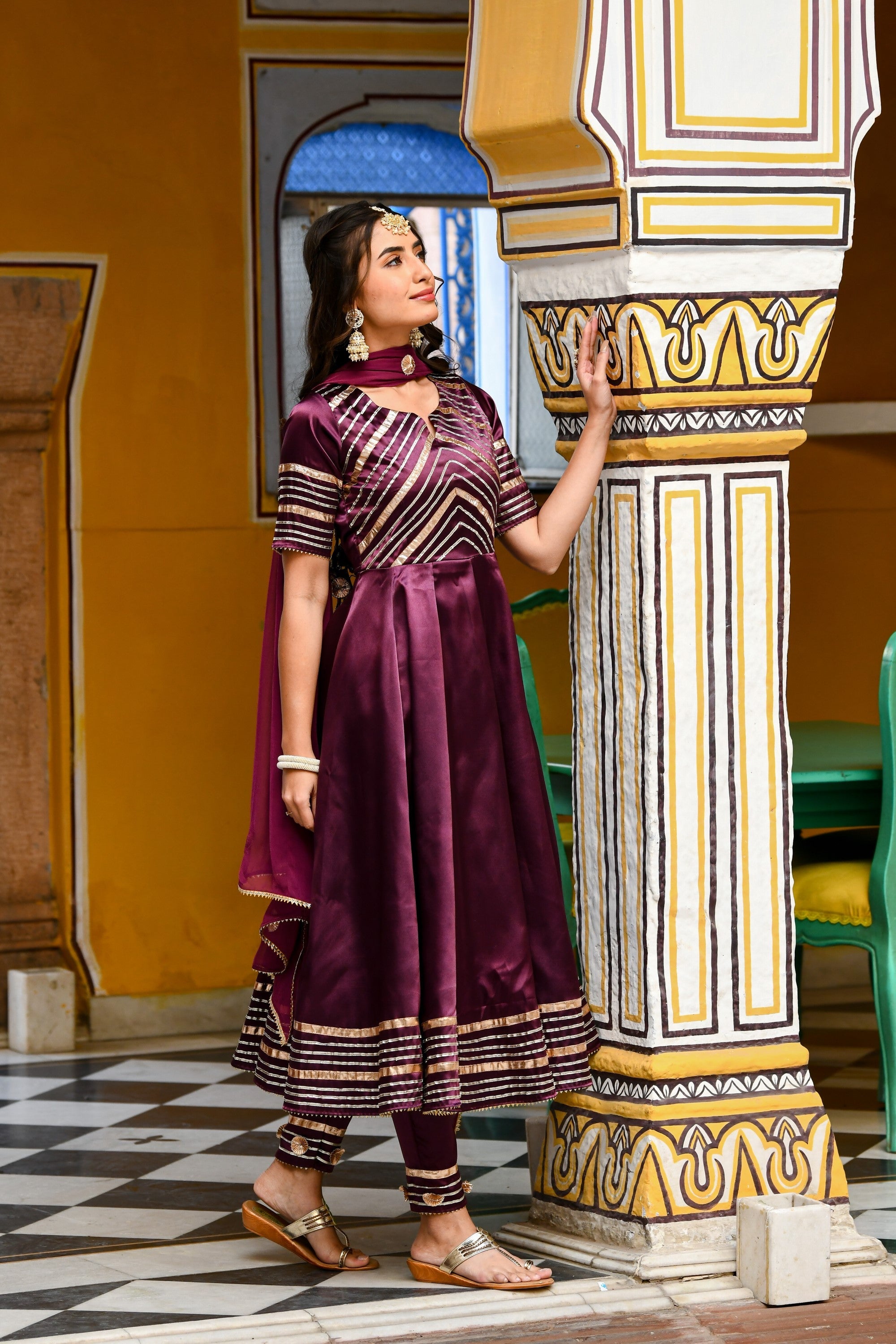 Dark Purple Satin Anarkali Suit- (3Pc Set) By SUTI KAPDA