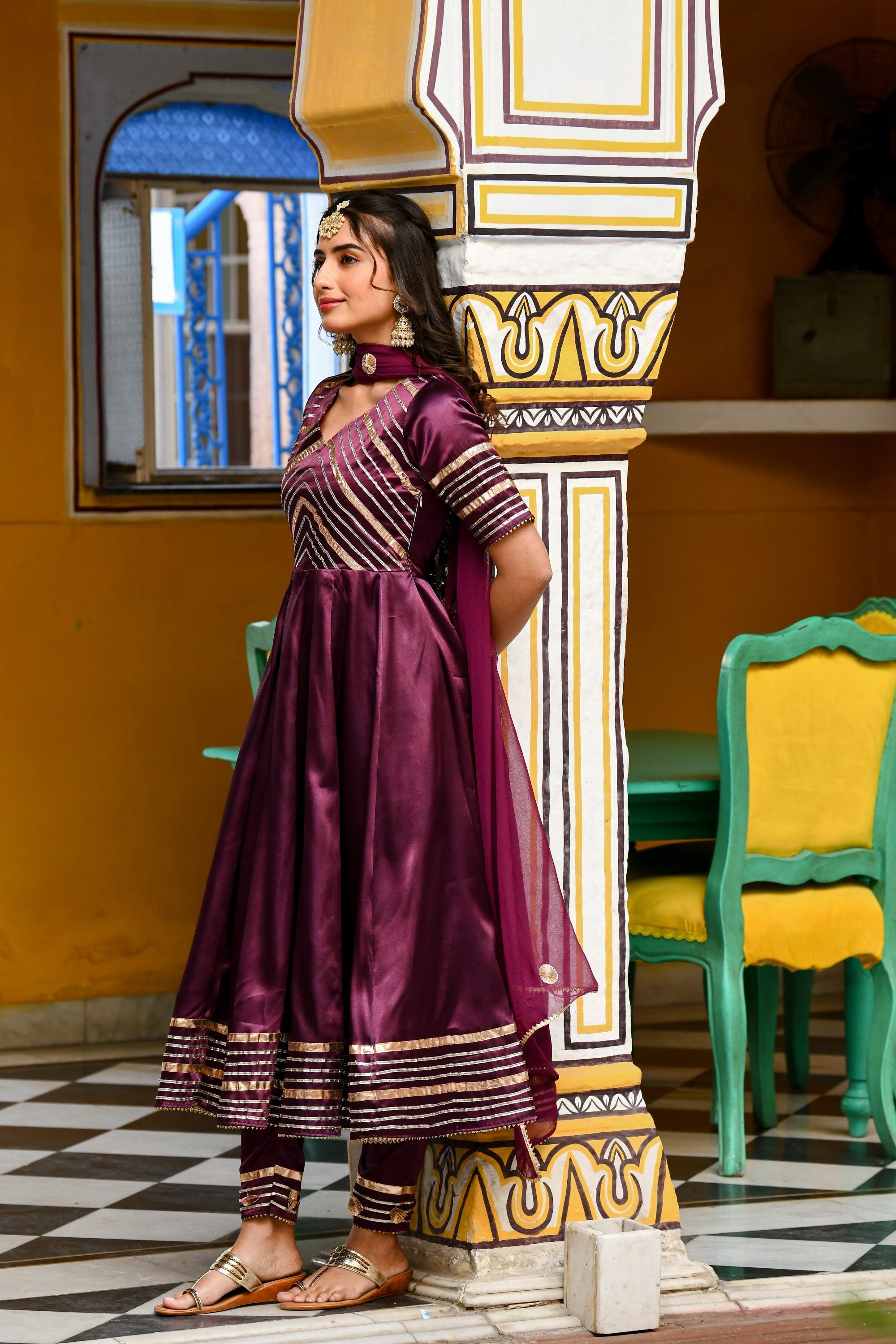 Dark Purple Satin Anarkali Suit- (3Pc Set) By SUTI KAPDA