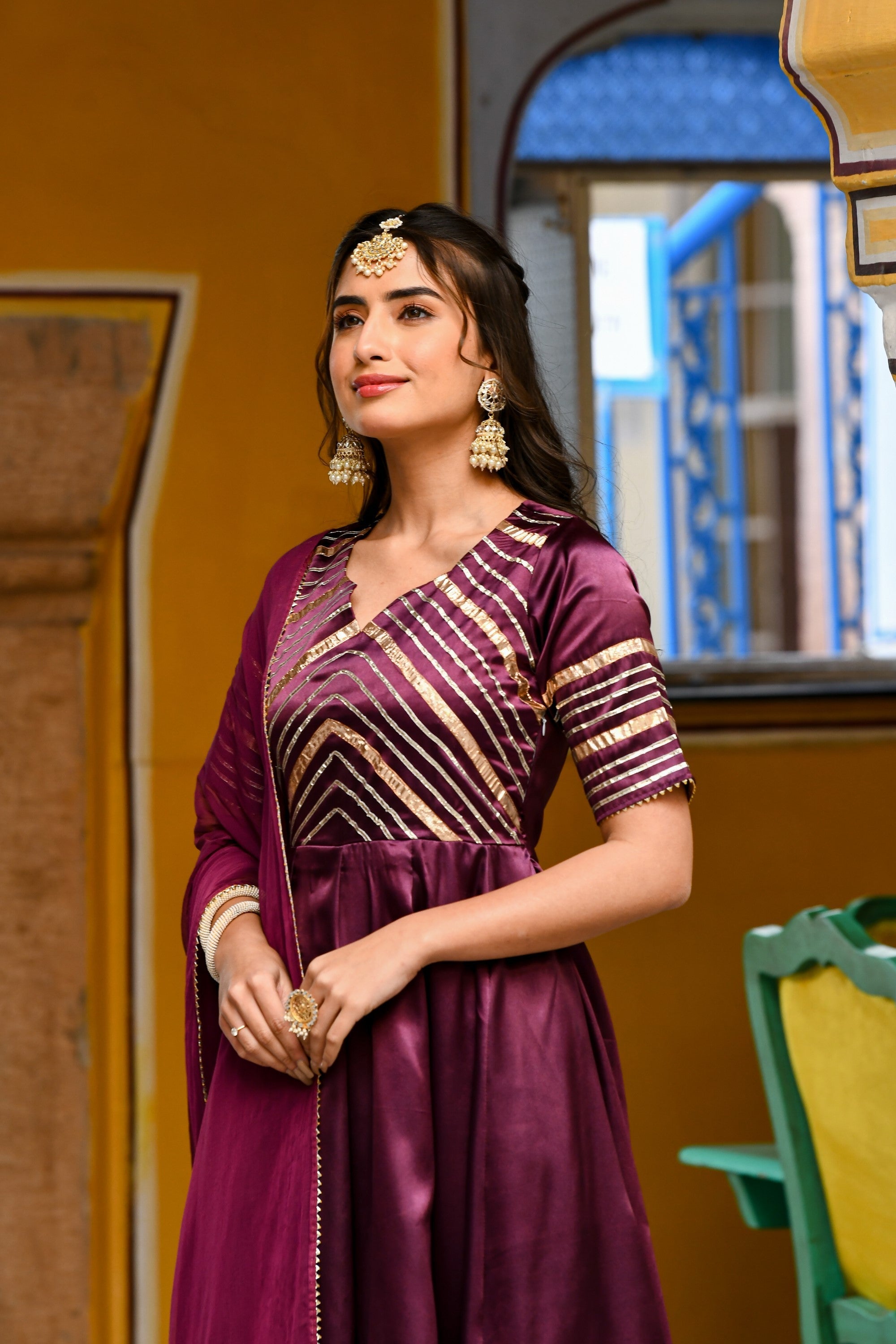 Dark Purple Satin Anarkali Suit- (3Pc Set) By SUTI KAPDA