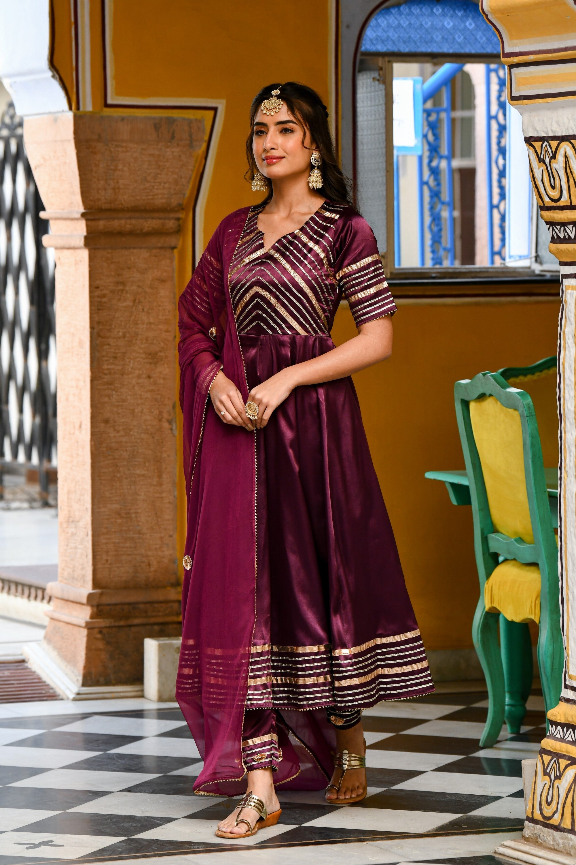 Dark Purple Satin Anarkali Suit- (3Pc Set) By SUTI KAPDA
