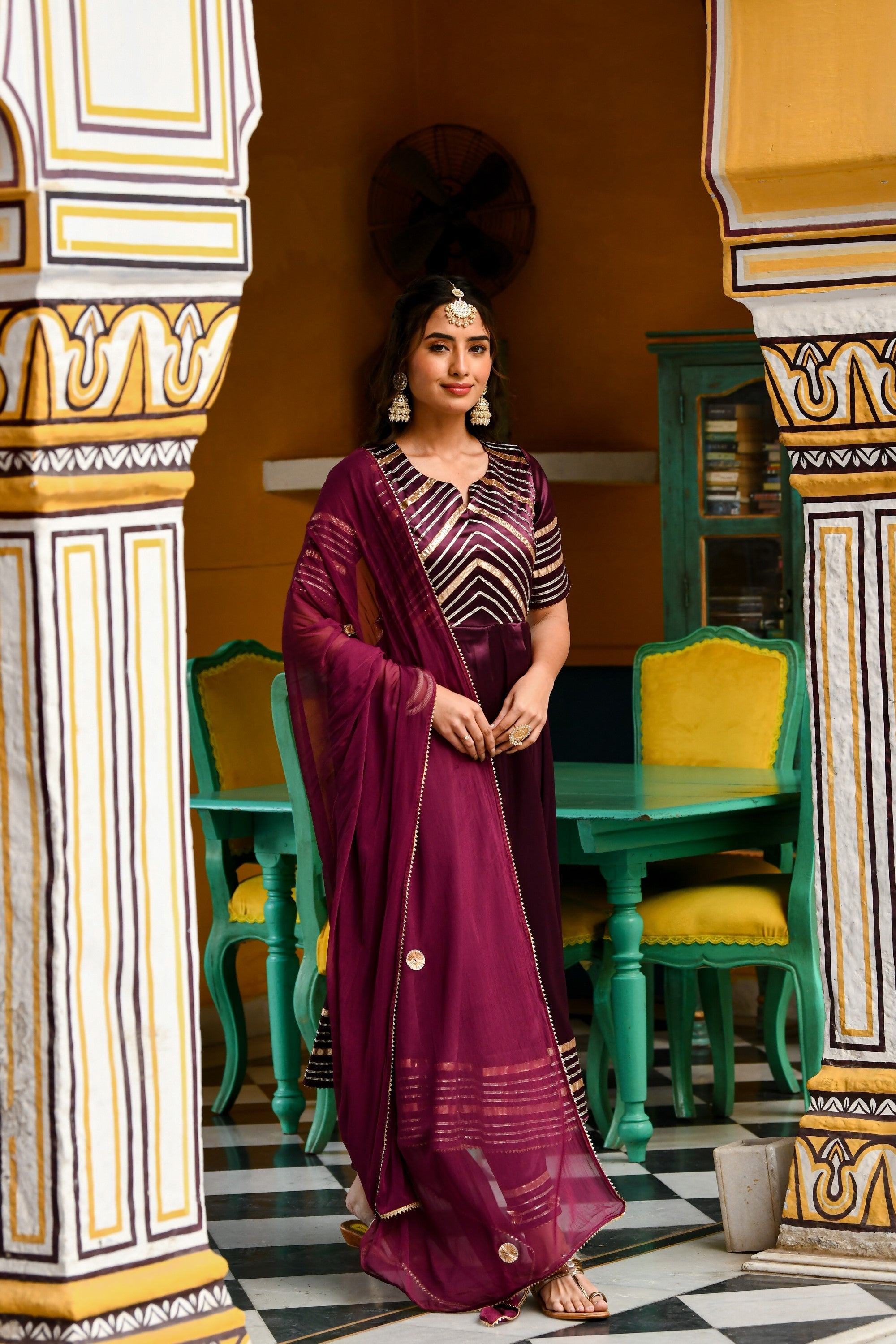 Dark Purple Satin Anarkali Suit- (3Pc Set) By SUTI KAPDA