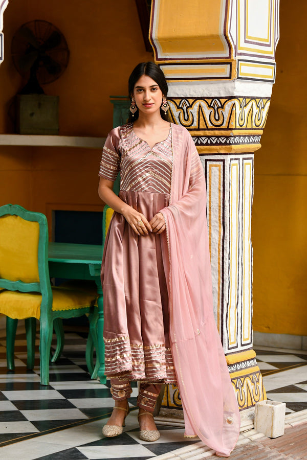 Light Brown Satin Silk Anarkali Suit- 3Pc Set By SUTI KAPDA