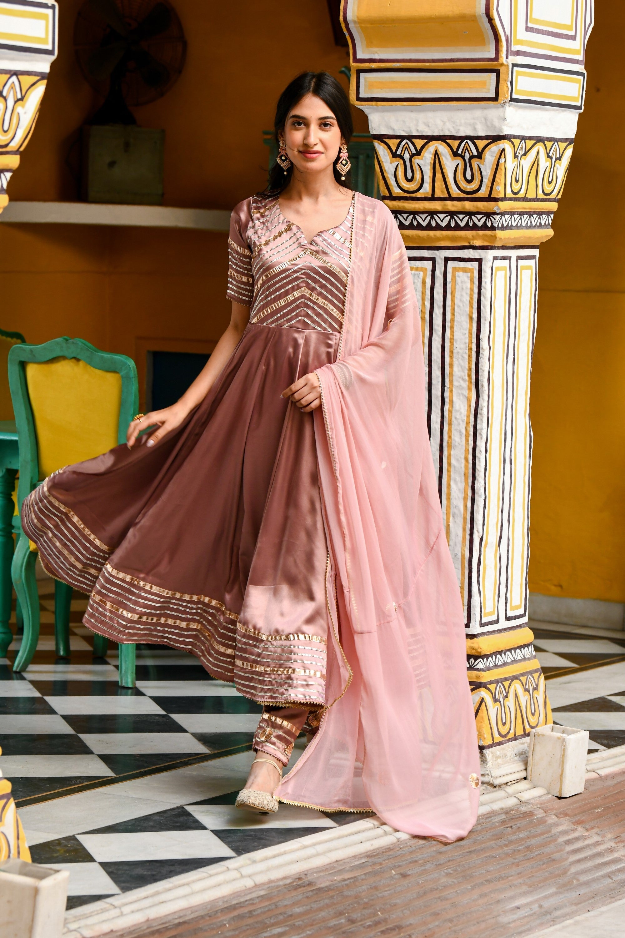 Light Brown Satin Silk Anarkali Suit- 3Pc Set By SUTI KAPDA