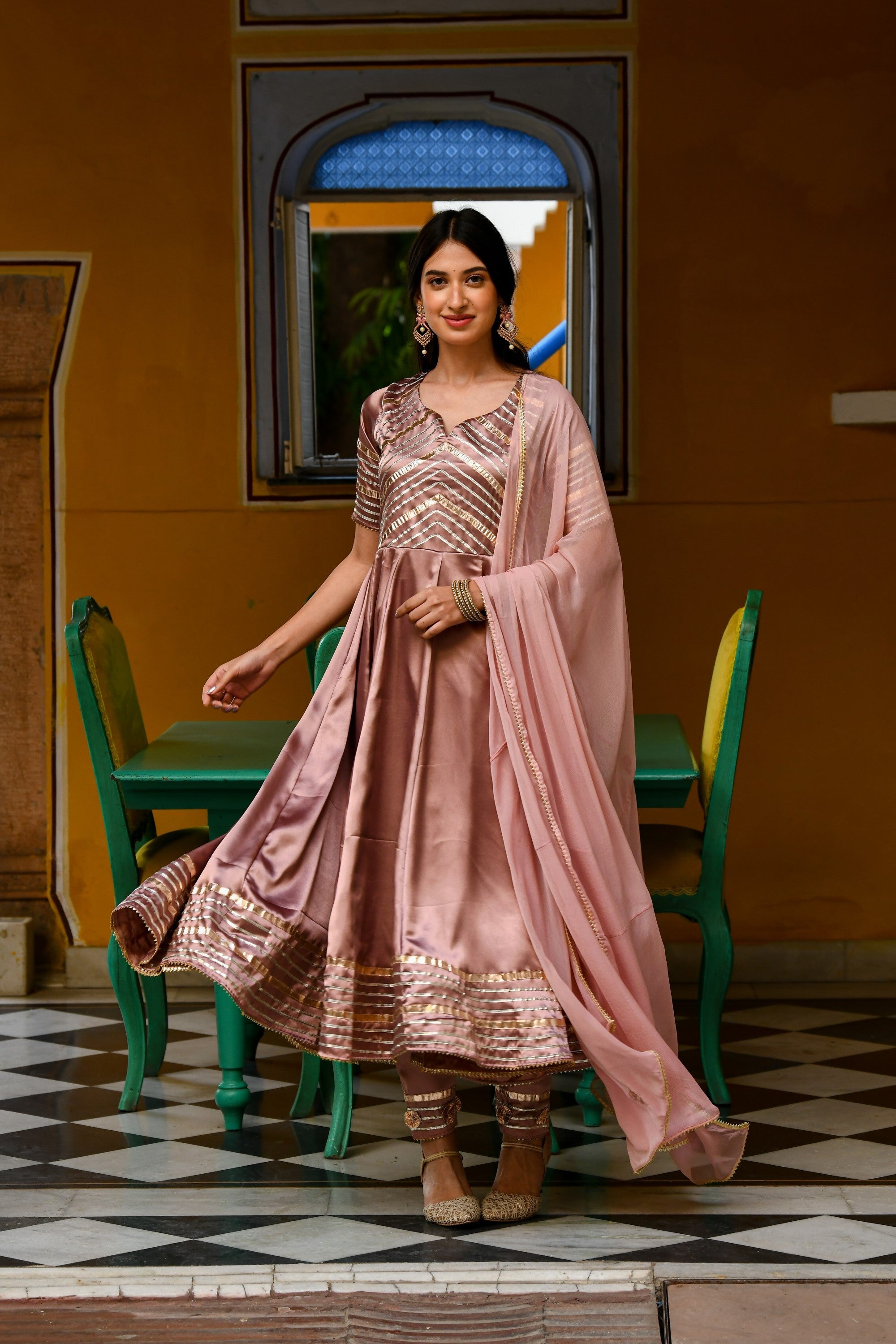 Light Brown Satin Silk Anarkali Suit- 3Pc Set By SUTI KAPDA