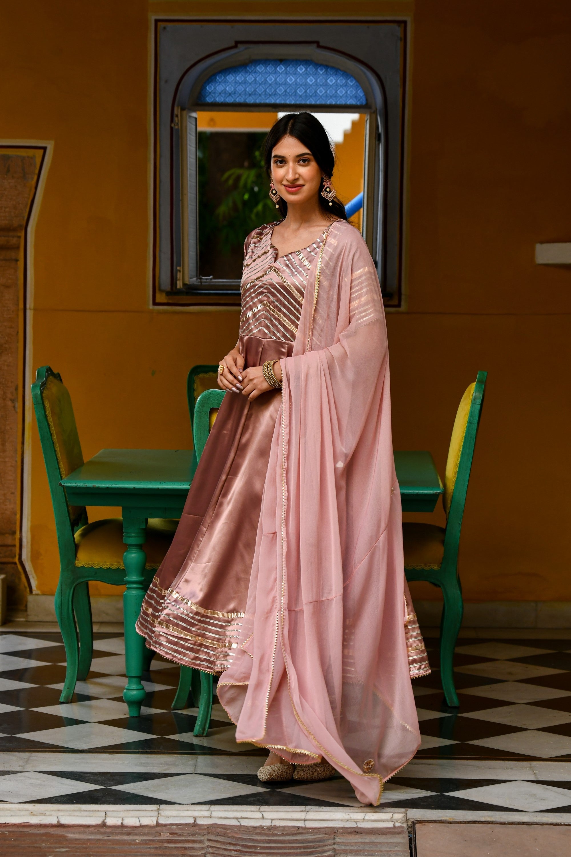 Light Brown Satin Silk Anarkali Suit- 3Pc Set By SUTI KAPDA