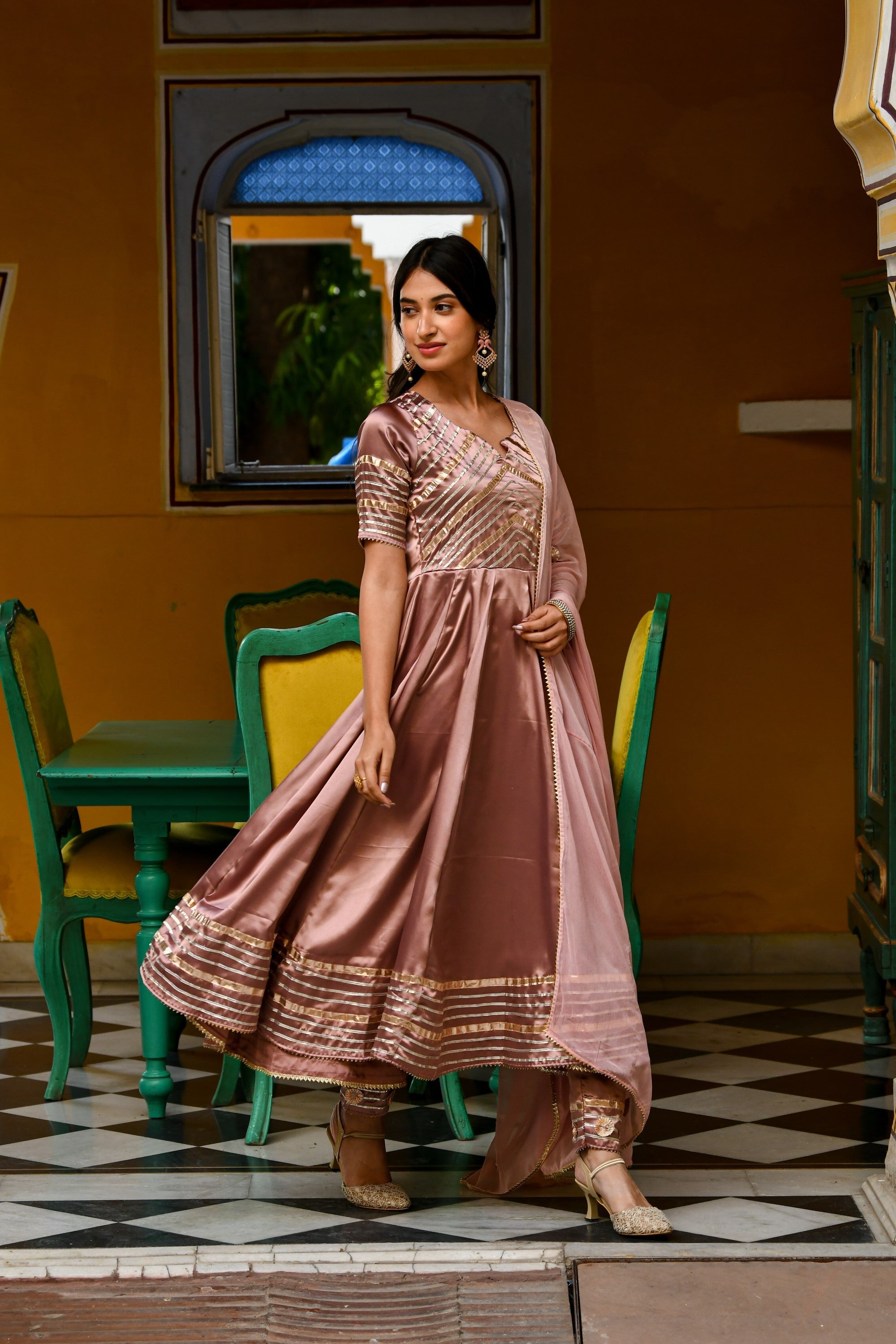 Light Brown Satin Silk Anarkali Suit- 3Pc Set By SUTI KAPDA