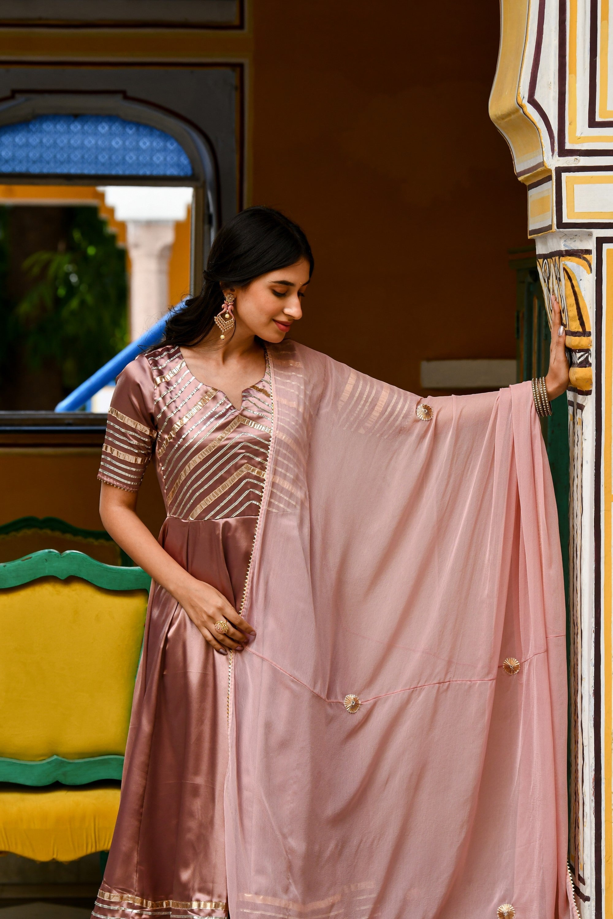 Light Brown Satin Silk Anarkali Suit- 3Pc Set By SUTI KAPDA