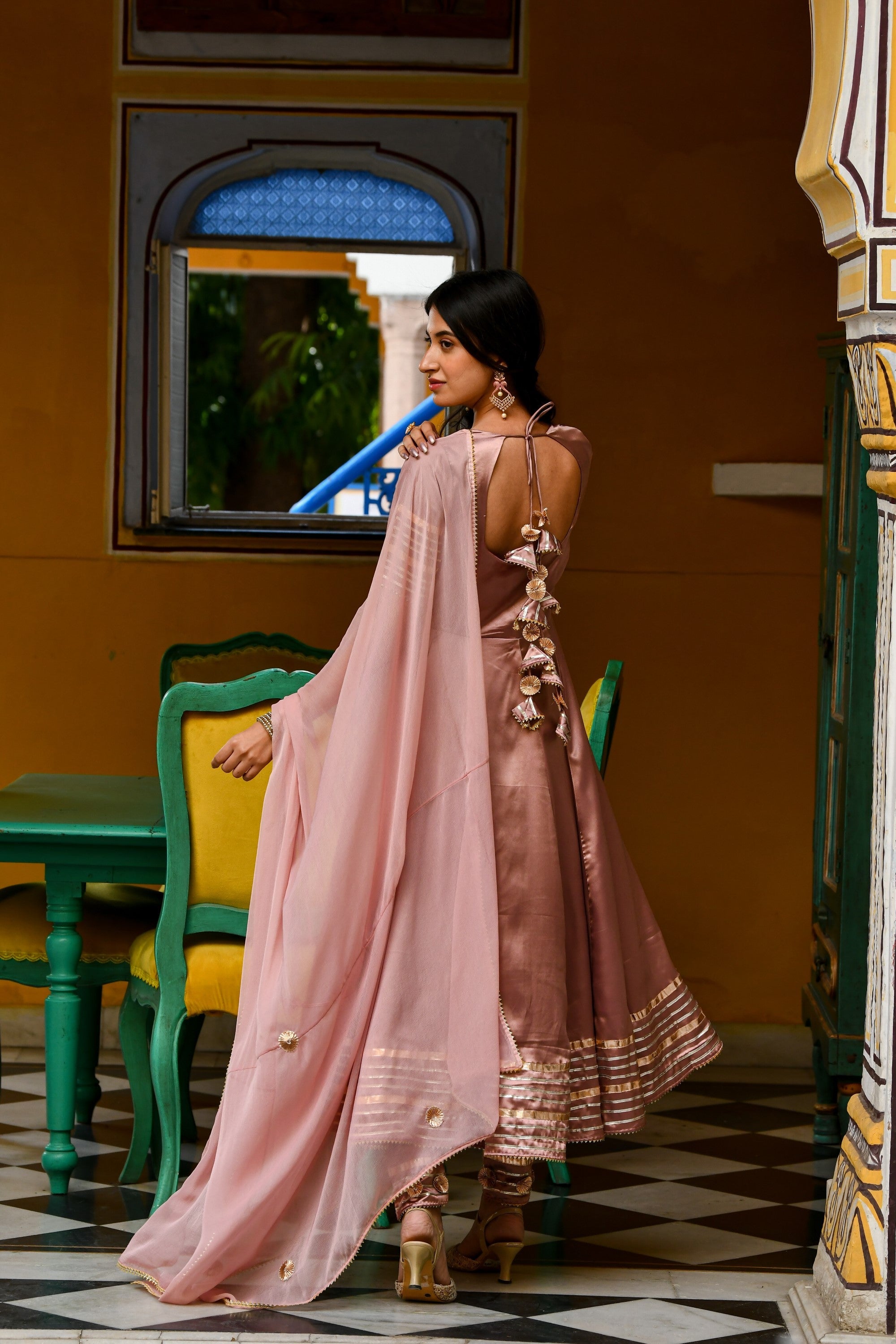 Light Brown Satin Silk Anarkali Suit- 3Pc Set By SUTI KAPDA