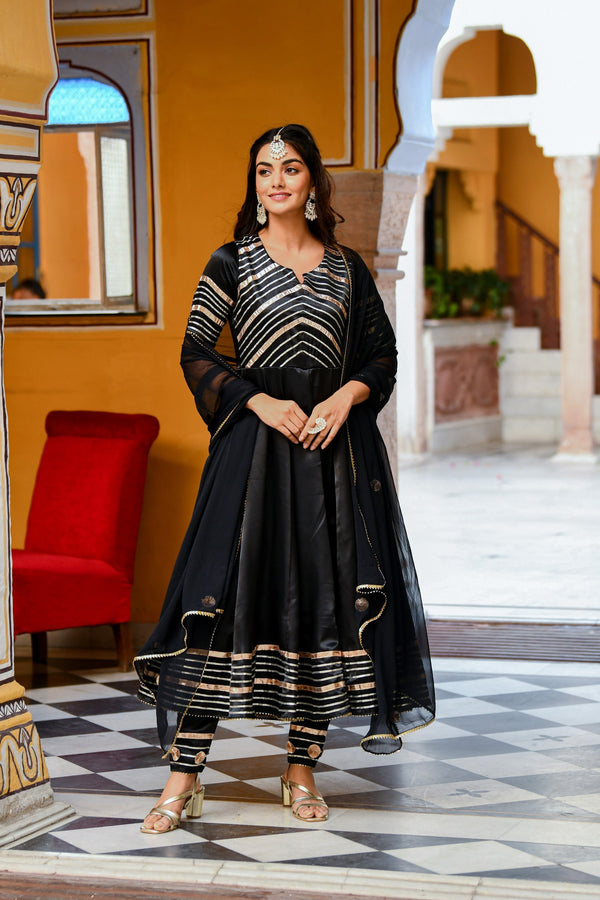 Black Satin Silk Anarkali Kurta With Dupatta- 3Pc Set - SUTI KAPDA