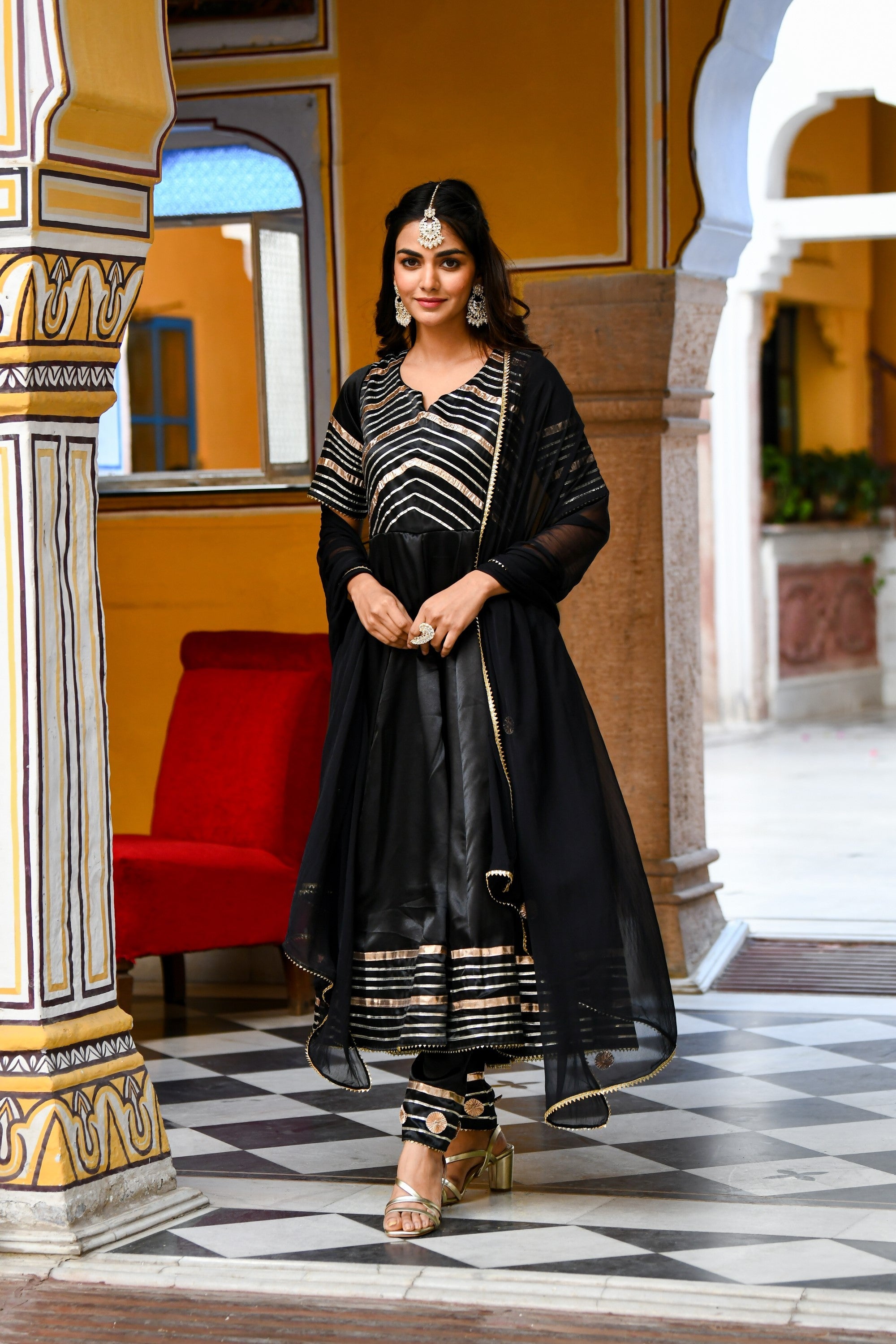 Black Satin Silk Anarkali Kurta With Dupatta- 3Pc Set - SUTI KAPDA