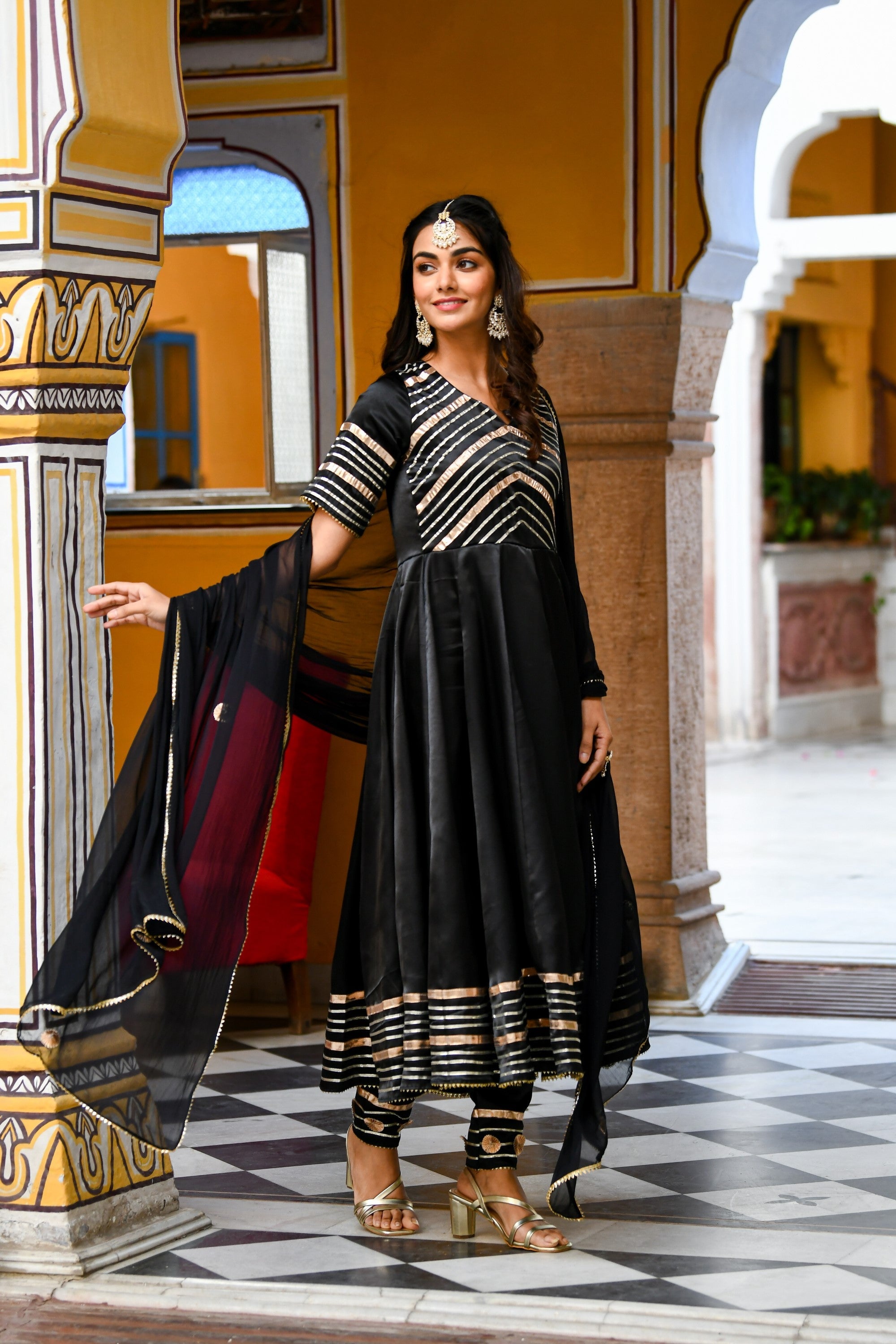 Black Satin Silk Anarkali Kurta With Dupatta- 3Pc Set - SUTI KAPDA