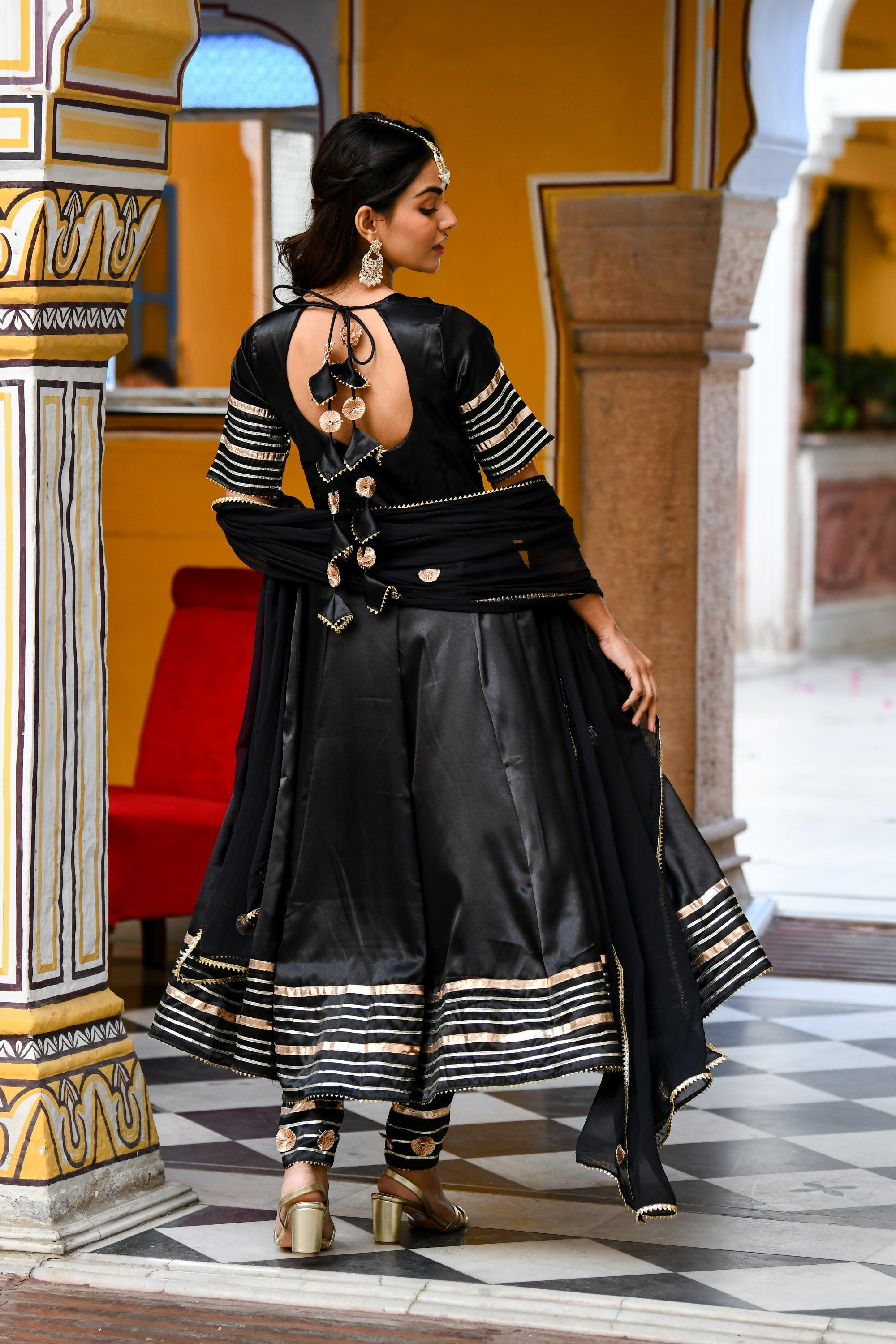 Black Satin Silk Anarkali Kurta With Dupatta- 3Pc Set - SUTI KAPDA