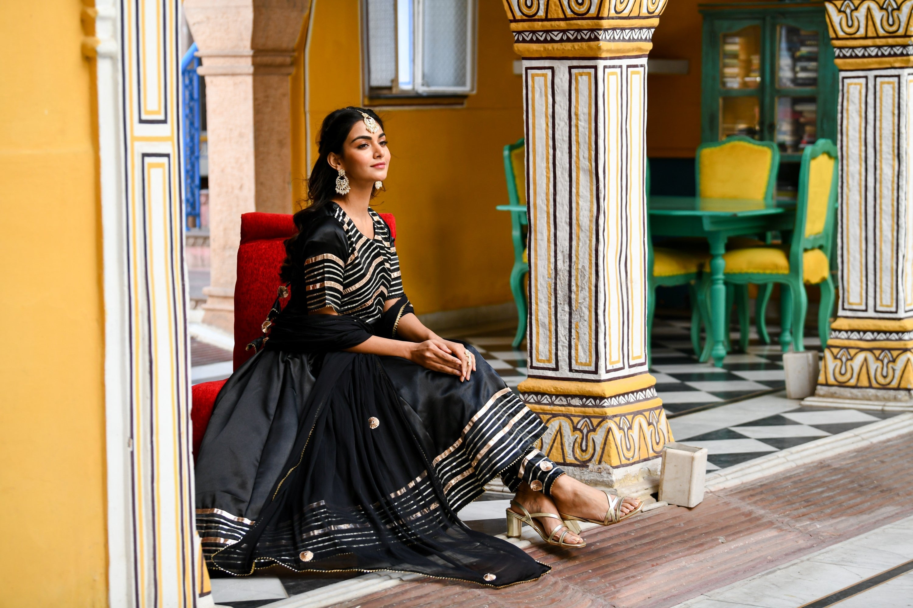 Black Satin Silk Anarkali Kurta With Dupatta- 3Pc Set - SUTI KAPDA