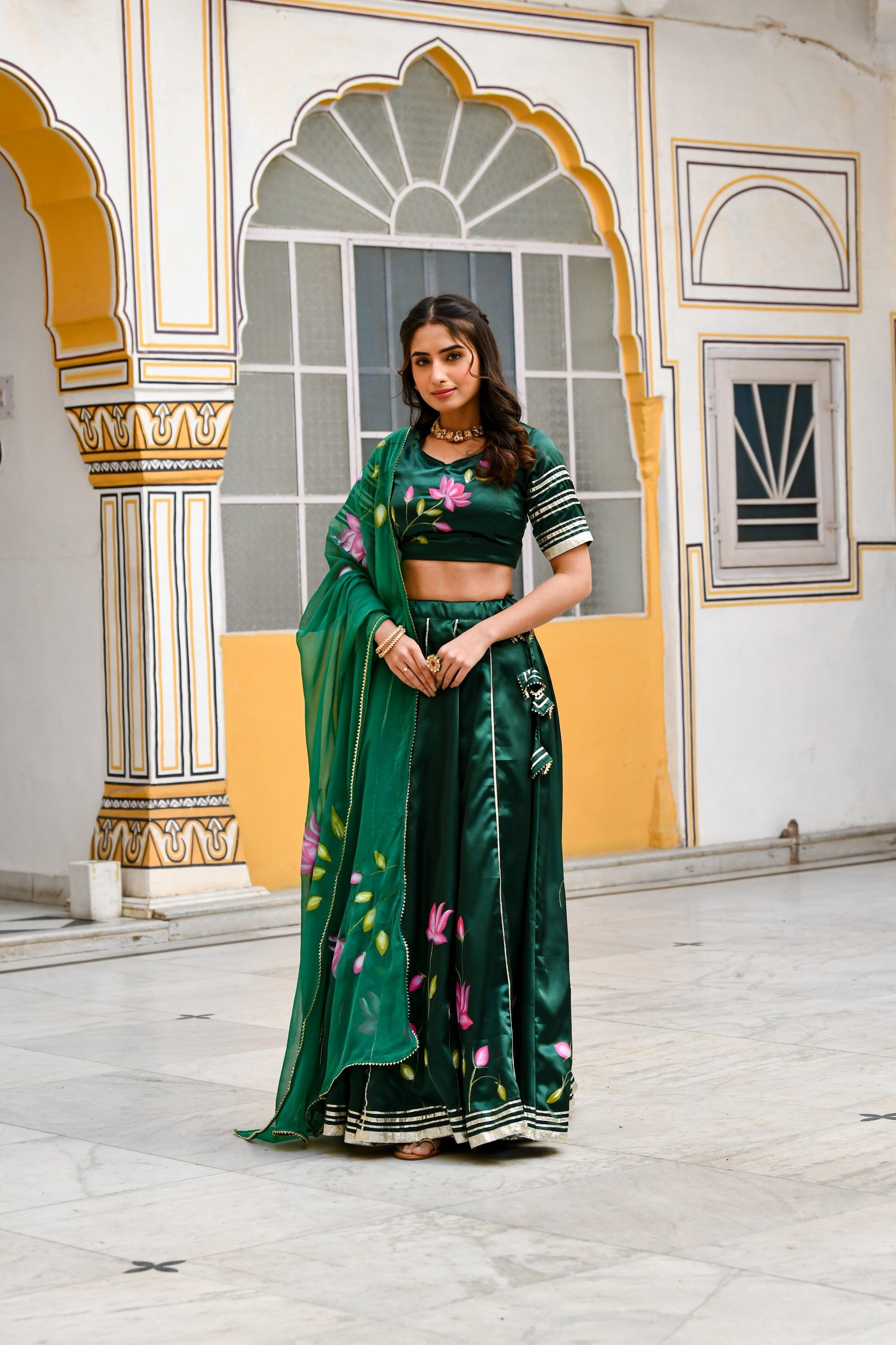 Bottle Green Lehenga Choli For Women- (3Pc Set) By SUTI KAPDA