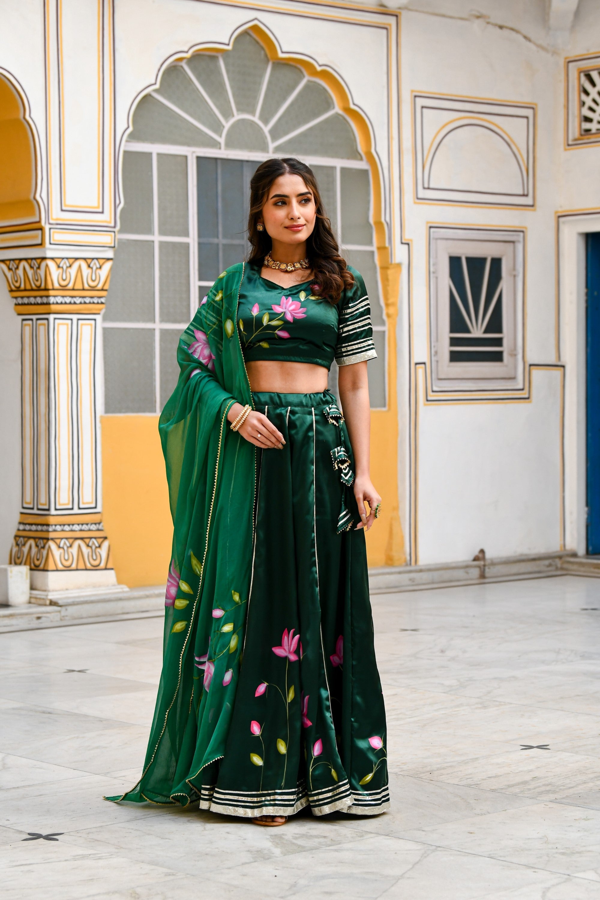 Bottle Green Lehenga Choli For Women- (3Pc Set) By SUTI KAPDA