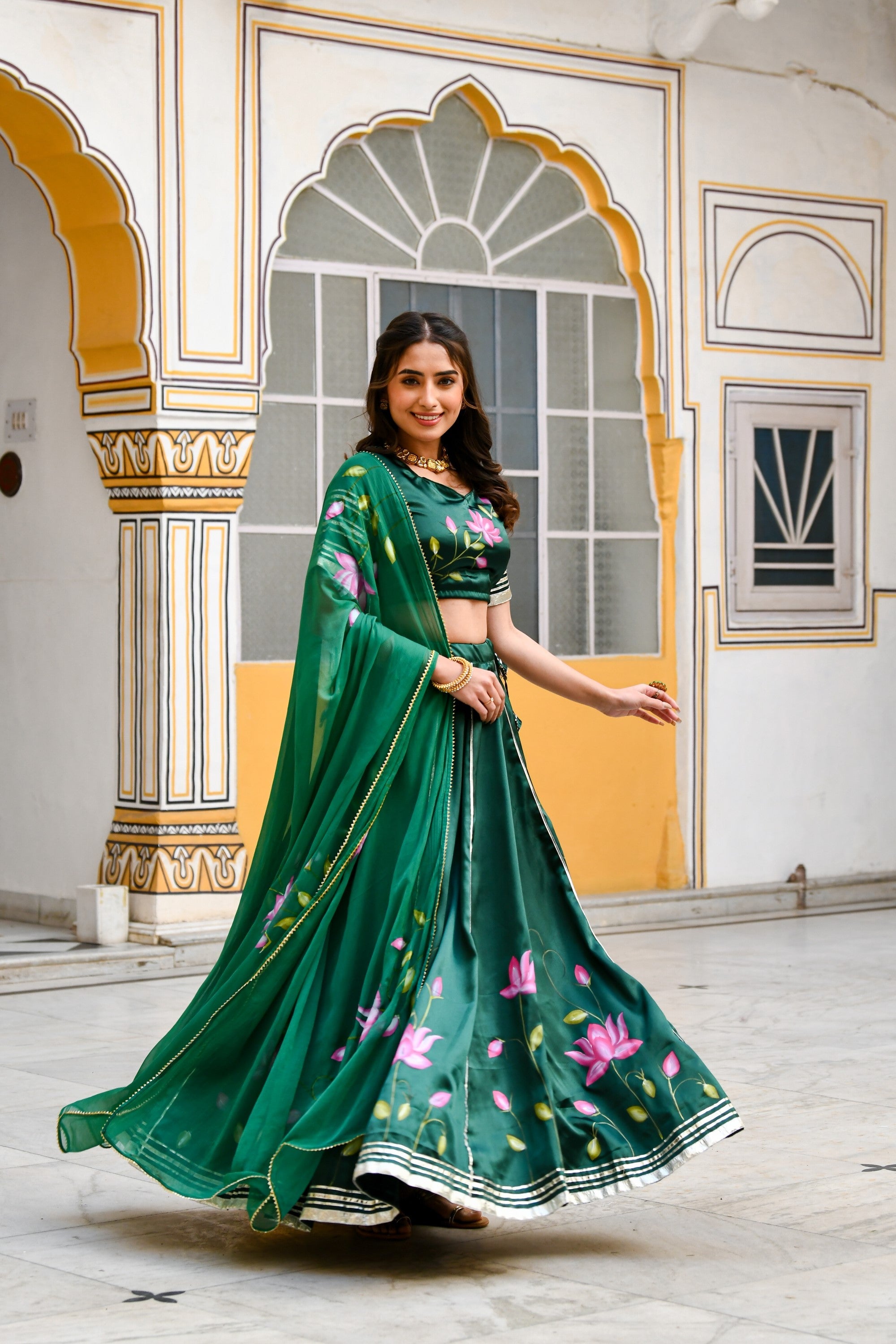 Bottle Green Lehenga Choli For Women- (3Pc Set) By SUTI KAPDA