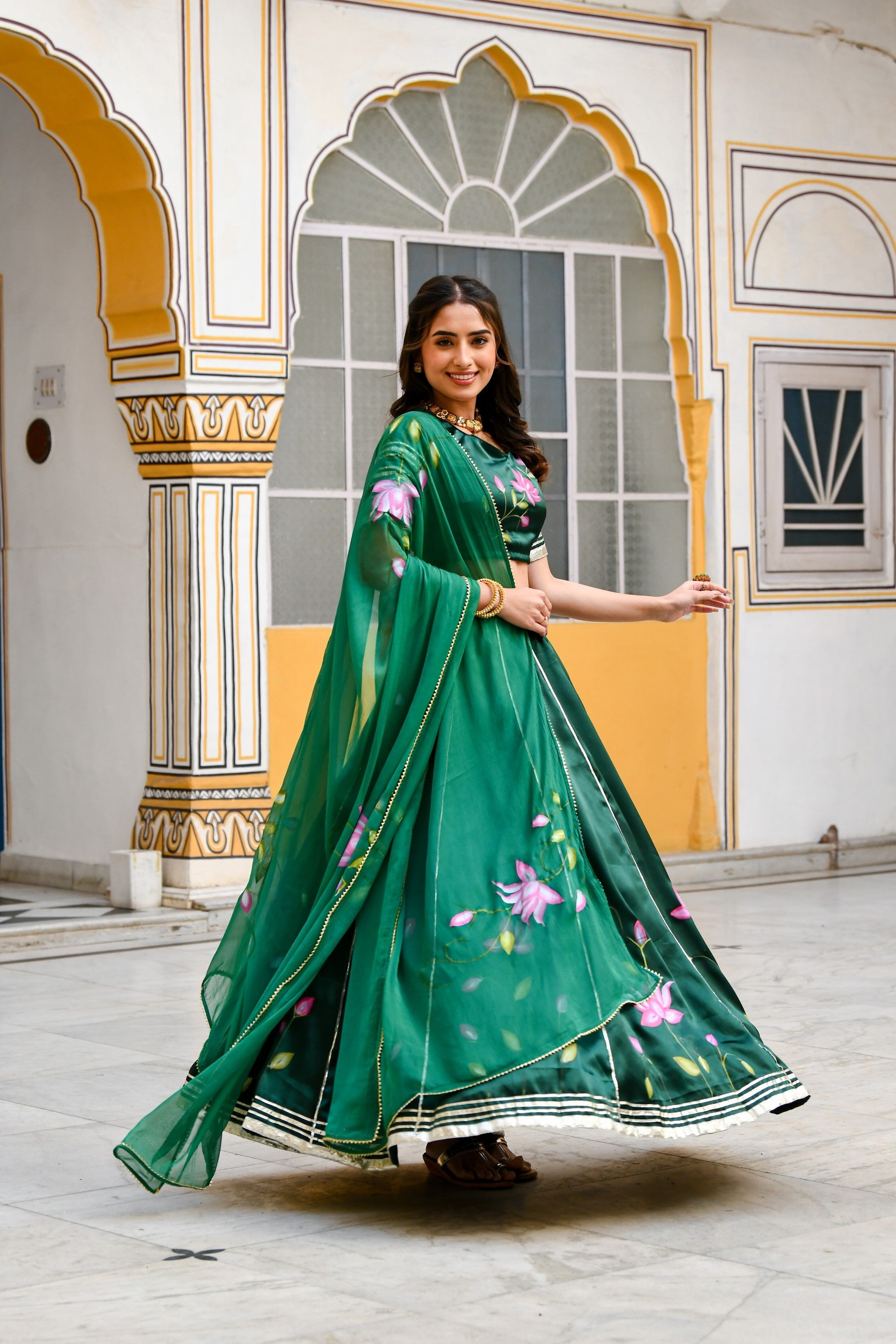 Bottle Green Lehenga Choli For Women- (3Pc Set) By SUTI KAPDA