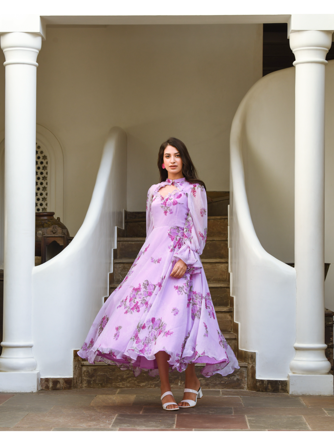 Purple Designer Diamond Neck Dress