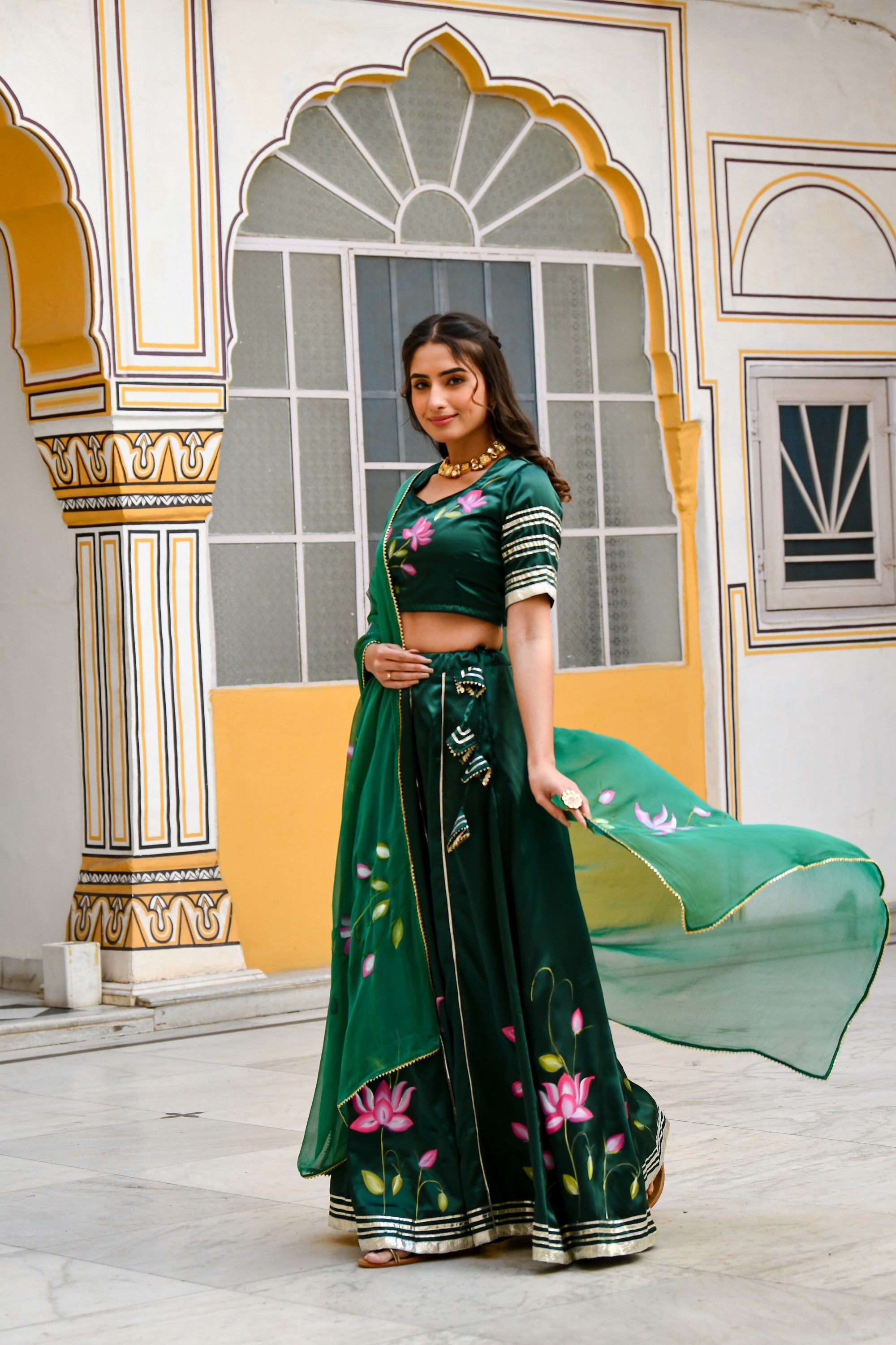 Bottle Green Lehenga Choli For Women- (3Pc Set) By SUTI KAPDA