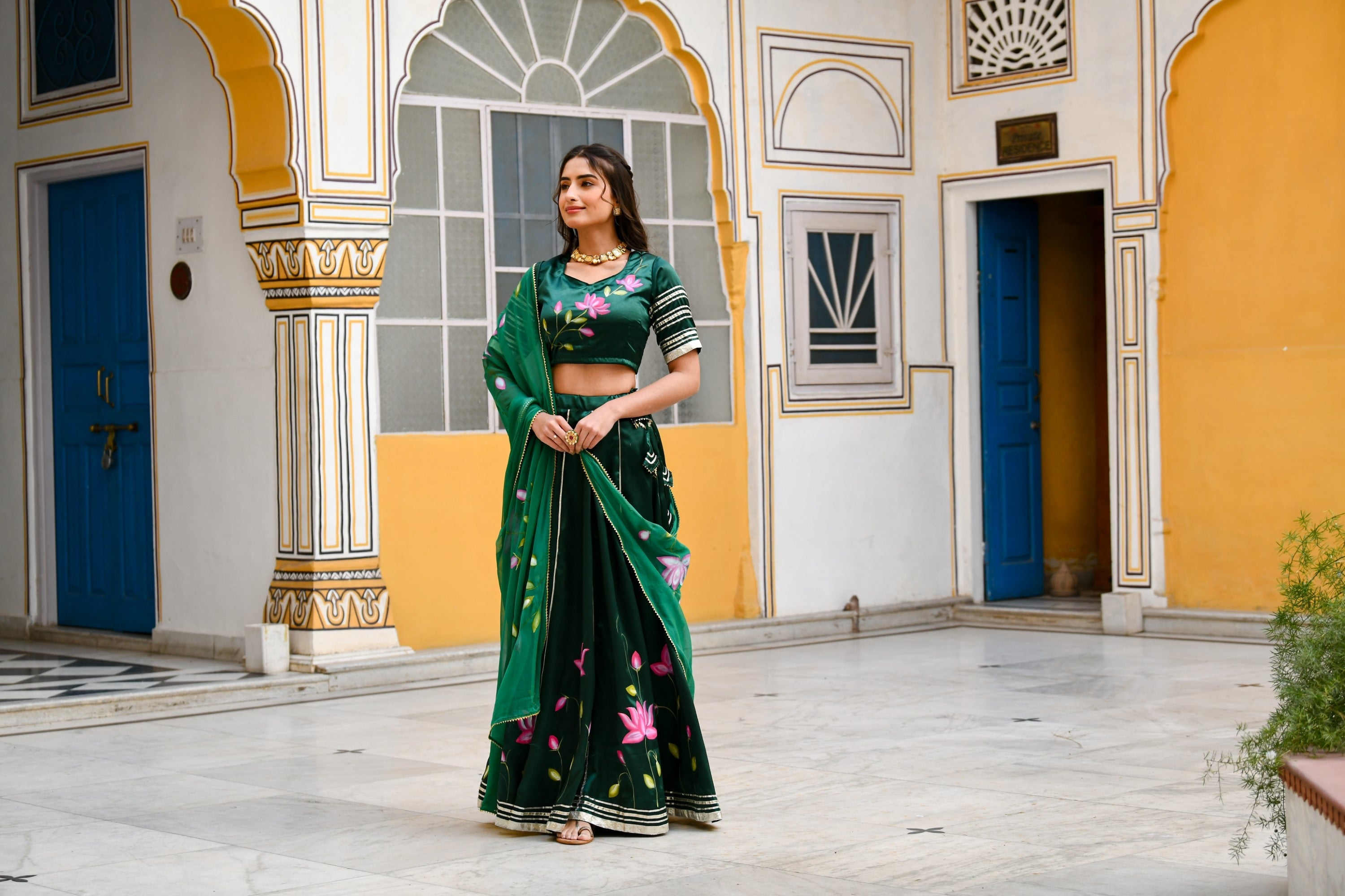 Bottle Green Lehenga Choli For Women- (3Pc Set) By SUTI KAPDA