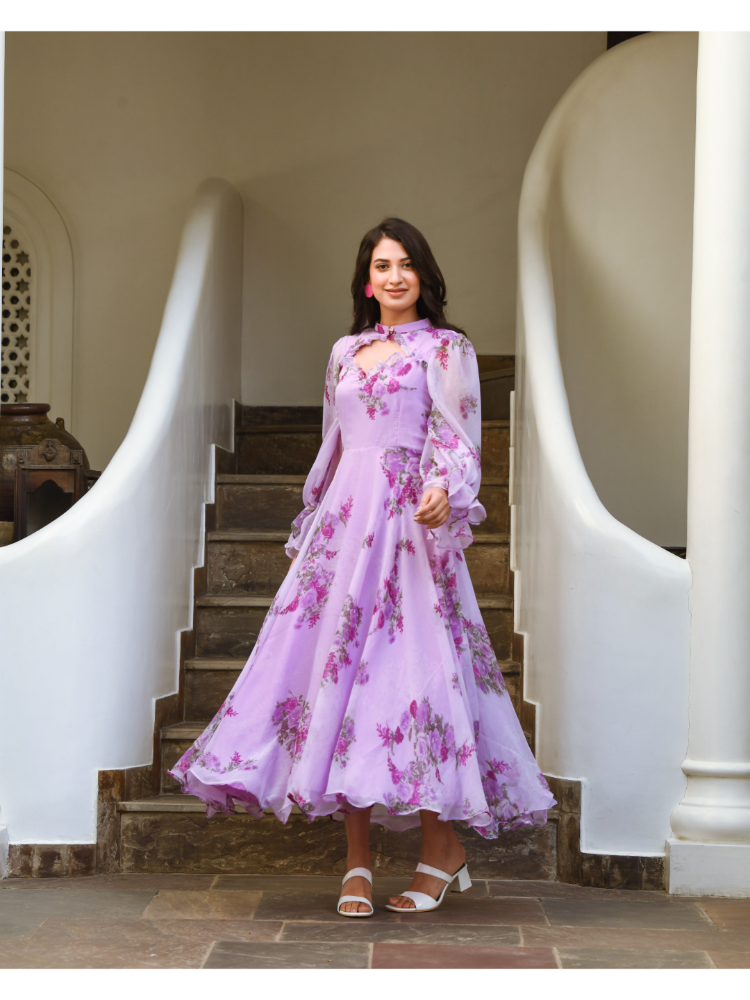 Purple Designer Diamond Neck Dress