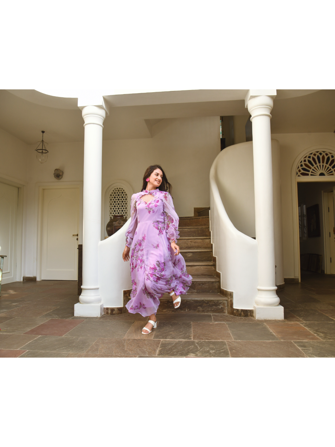 Purple Designer Diamond Neck Dress