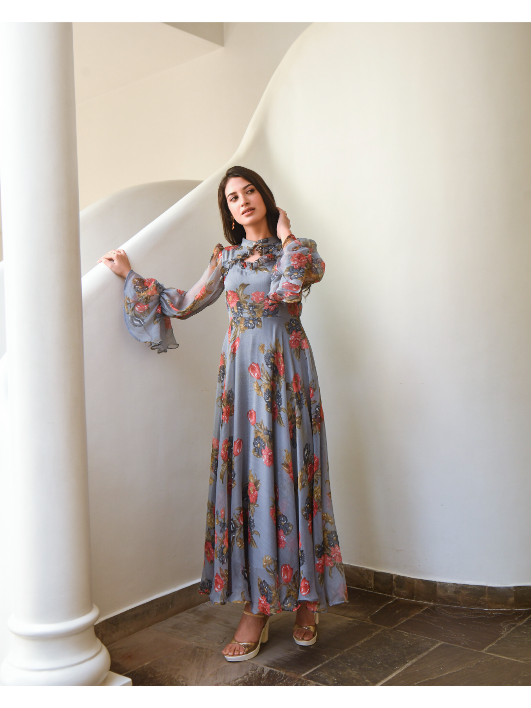 Grey Floral Maxi Dress