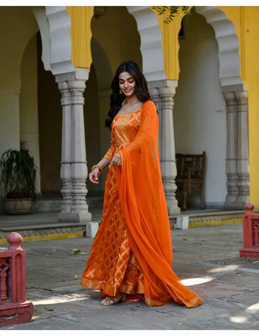 Orange Silk Zari Gown With Dupatta