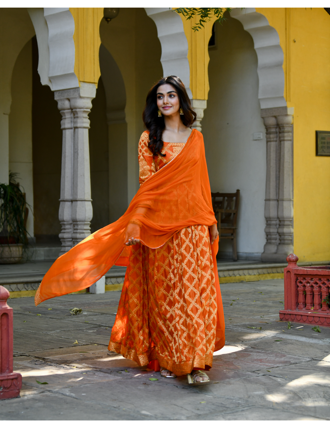 Orange Silk Zari Gown With Dupatta