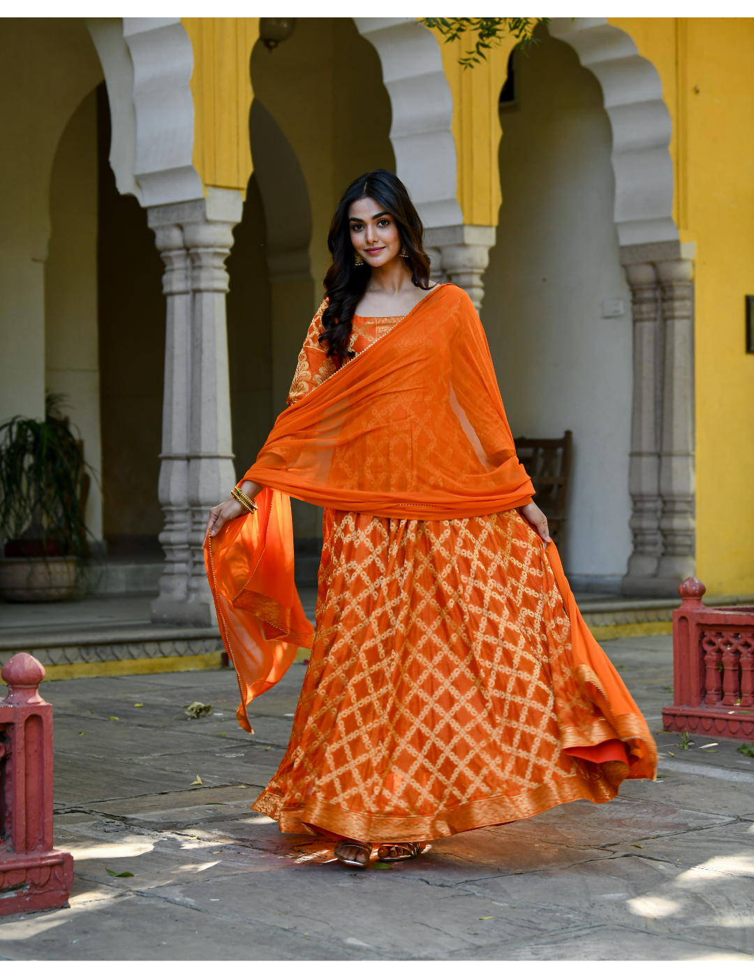 Orange Silk Zari Gown With Dupatta