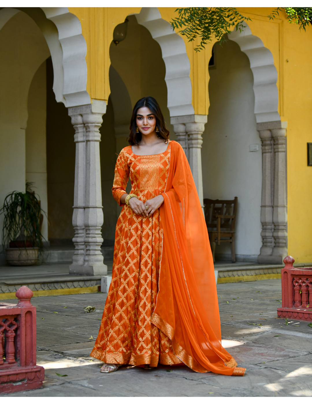 Orange Silk Zari Gown With Dupatta