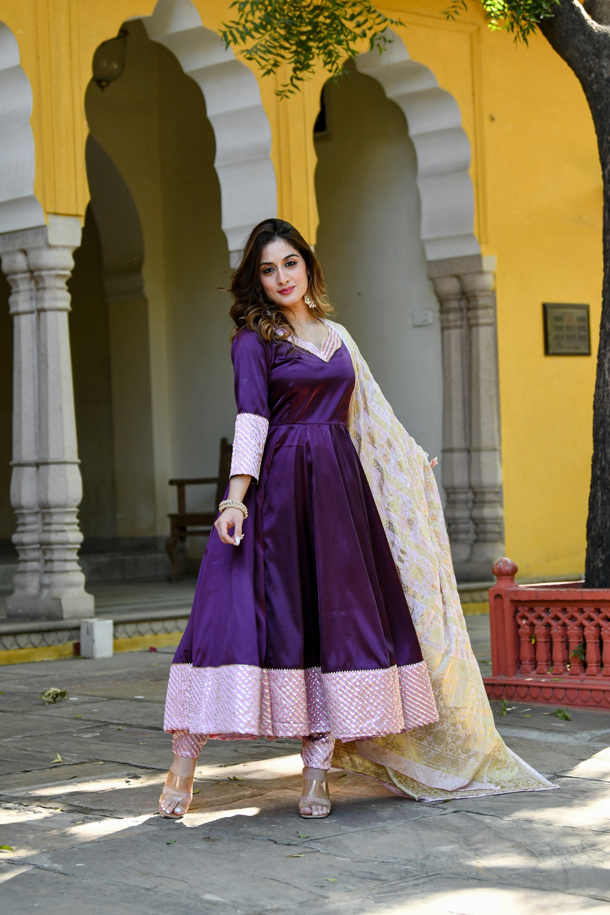 Dark Purple Anarkali Suit Set With Dupatta- (3Pc Set) By SUTI KAPDA