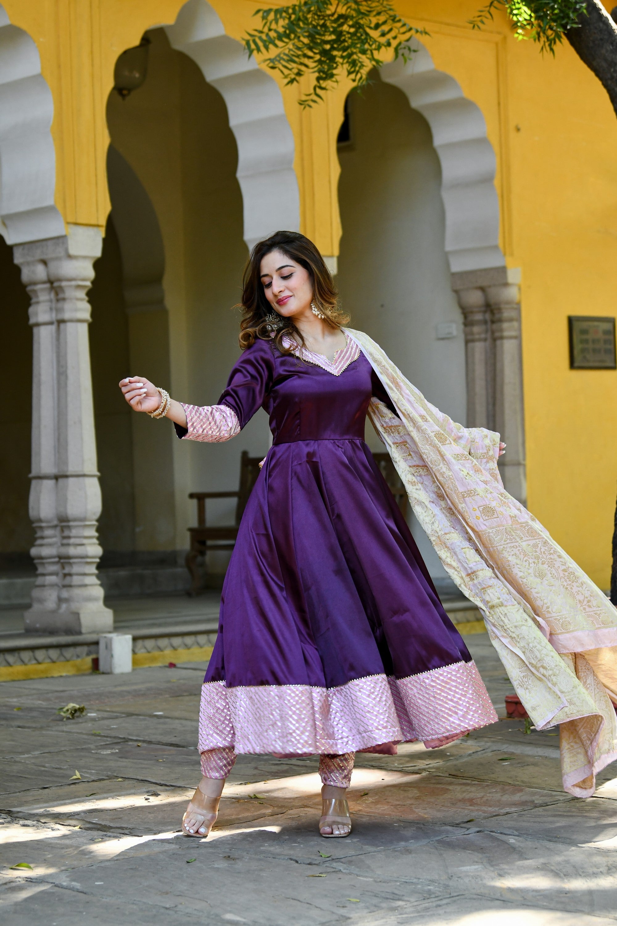 Dark Purple Anarkali Suit Set With Dupatta- (3Pc Set) By SUTI KAPDA