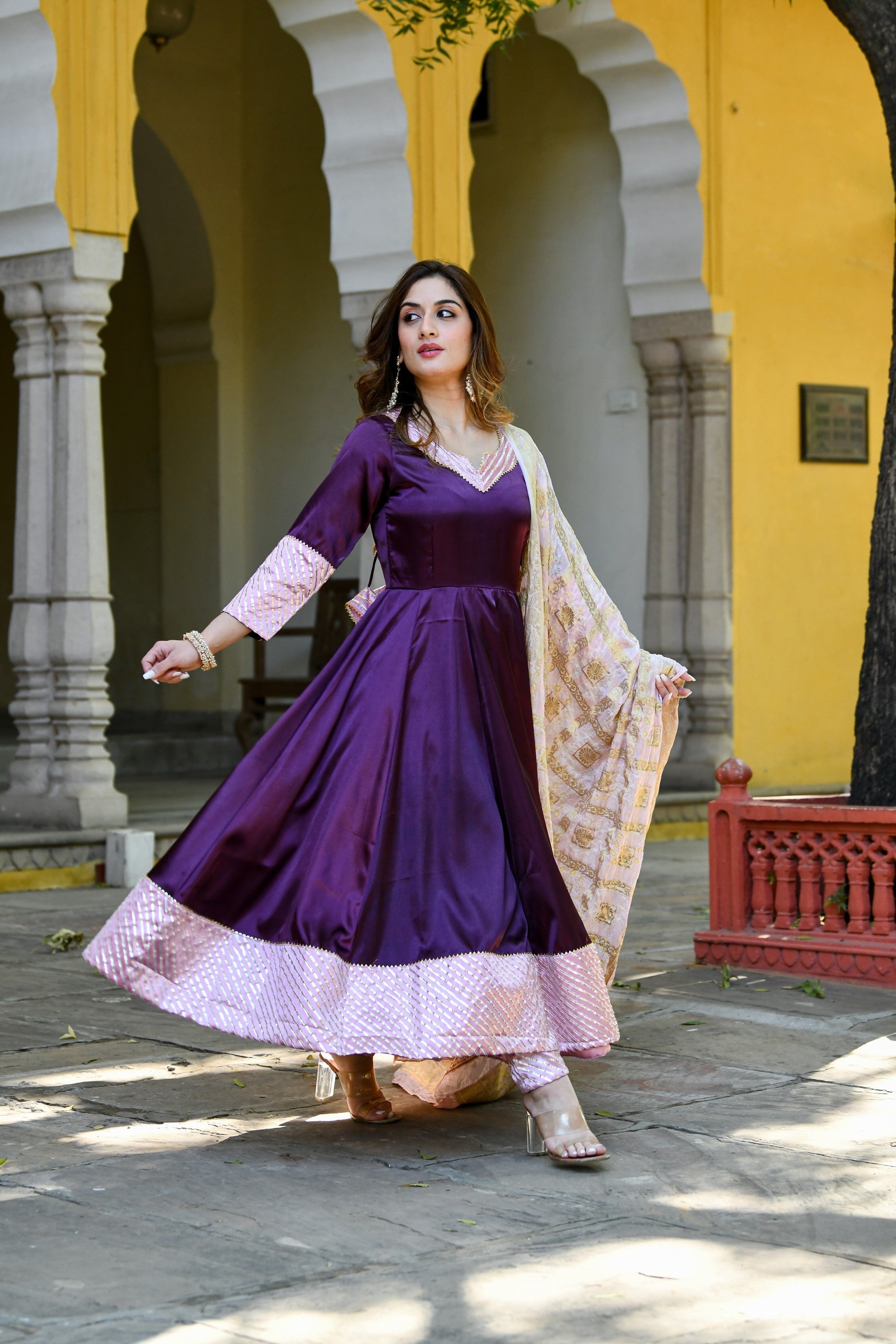 Dark Purple Anarkali Suit Set With Dupatta- (3Pc Set) By SUTI KAPDA