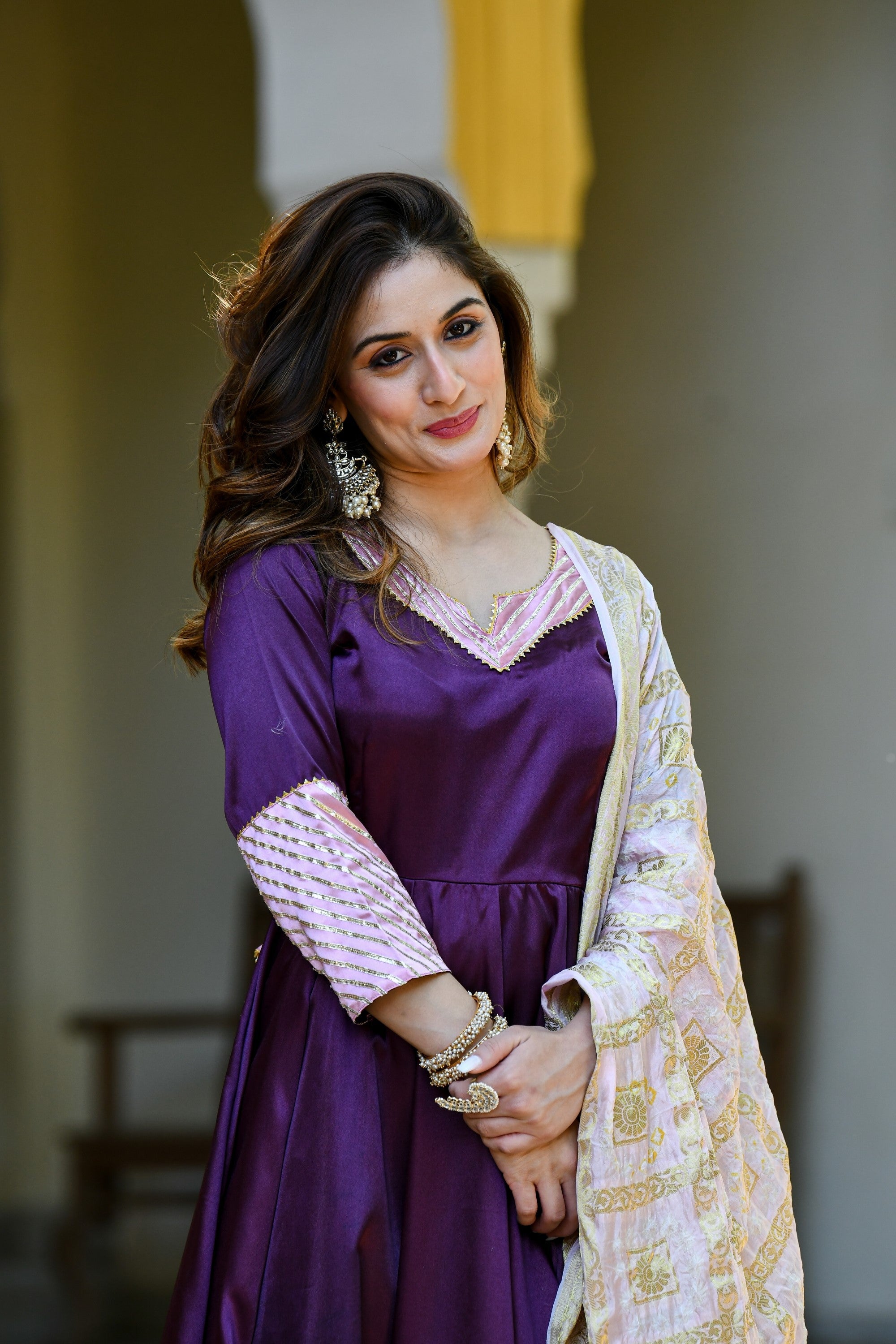 Dark Purple Anarkali Suit Set With Dupatta- (3Pc Set) By SUTI KAPDA