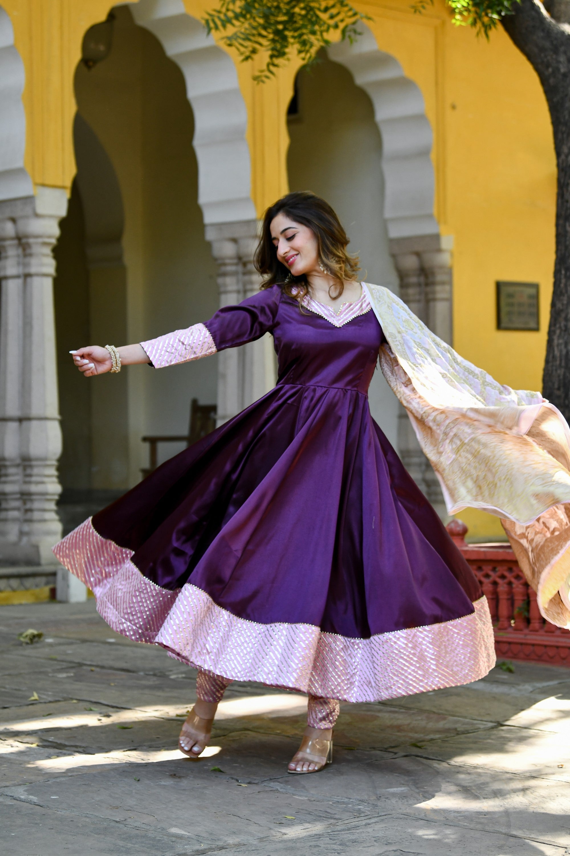 Dark Purple Anarkali Suit Set With Dupatta- (3Pc Set) By SUTI KAPDA
